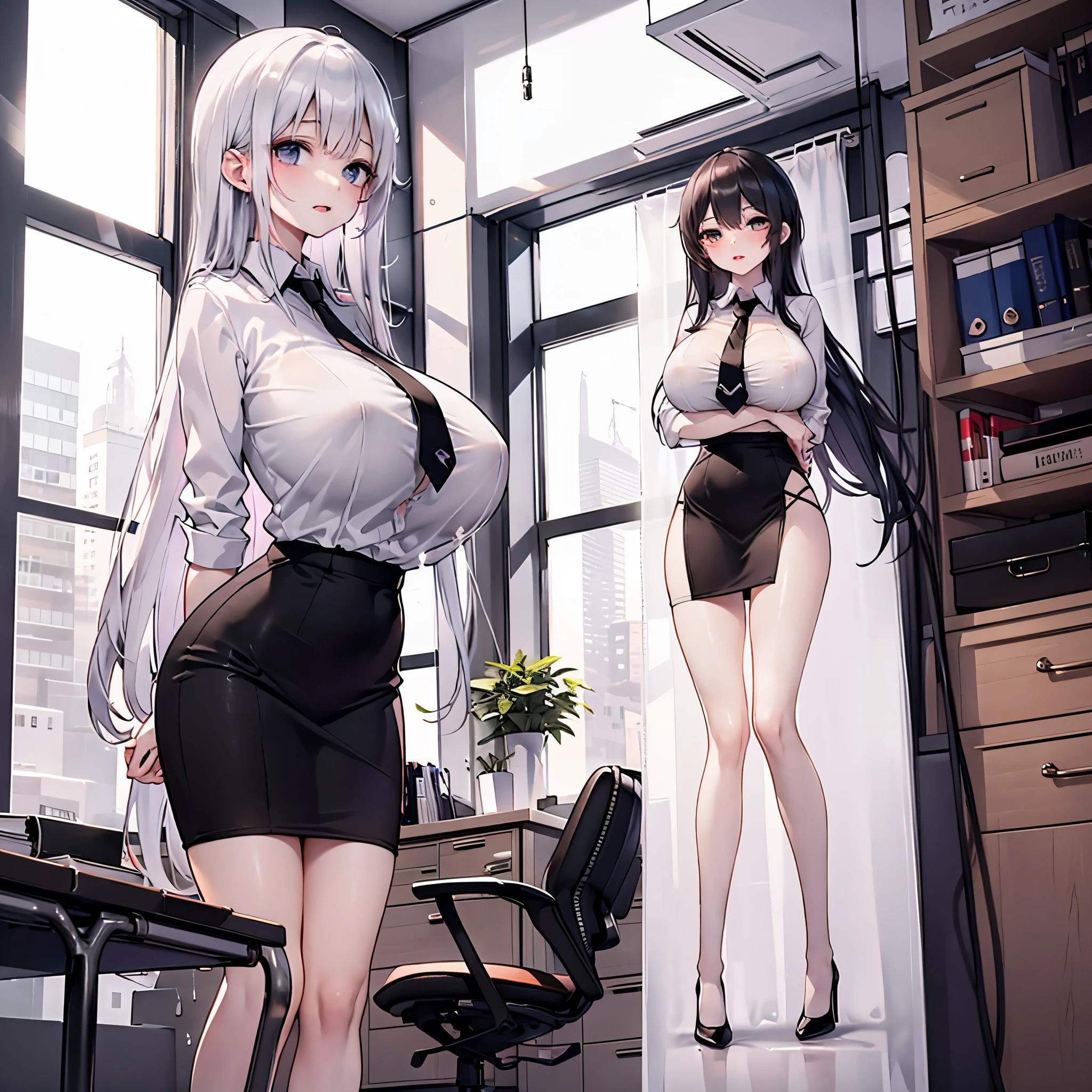 (solo 1 very skinny office lady standing in office:1.3), (swaying back), standing exactly, (arms behind back), (black business suits:1.3), (black blazer with closing chest:1.3), (white dress shirts under blazer), (bursting gigantic huge breasts:1.3), necktie, (inconceivably narrow waist:1.3), too short black skirt, slim hip, thigh gap, skinny long legs, highheels, nose blush, perfect anatomy, (orgasm), pussy juice dripping down between things