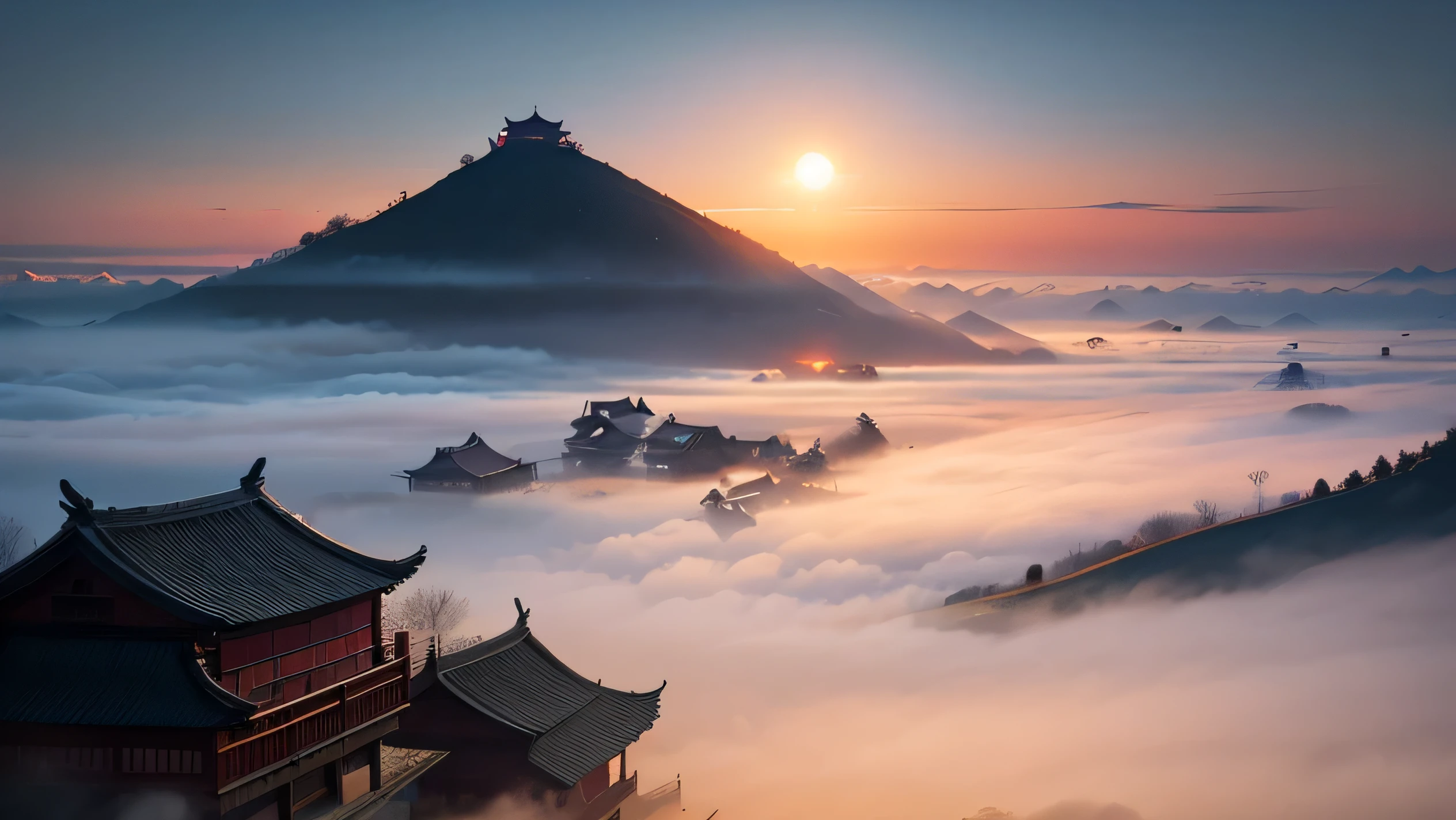 landscape of a Chinese traditional village in the rays of the dawn sun, shrouded in morning fog
