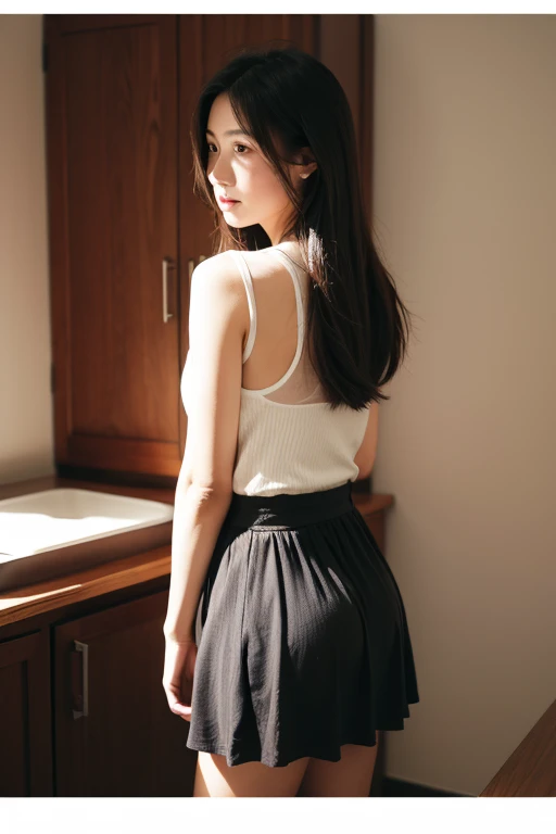 girl trying to look back in fear. The setting is a dark room at night. Her skirt is lifted and her back is almost bare