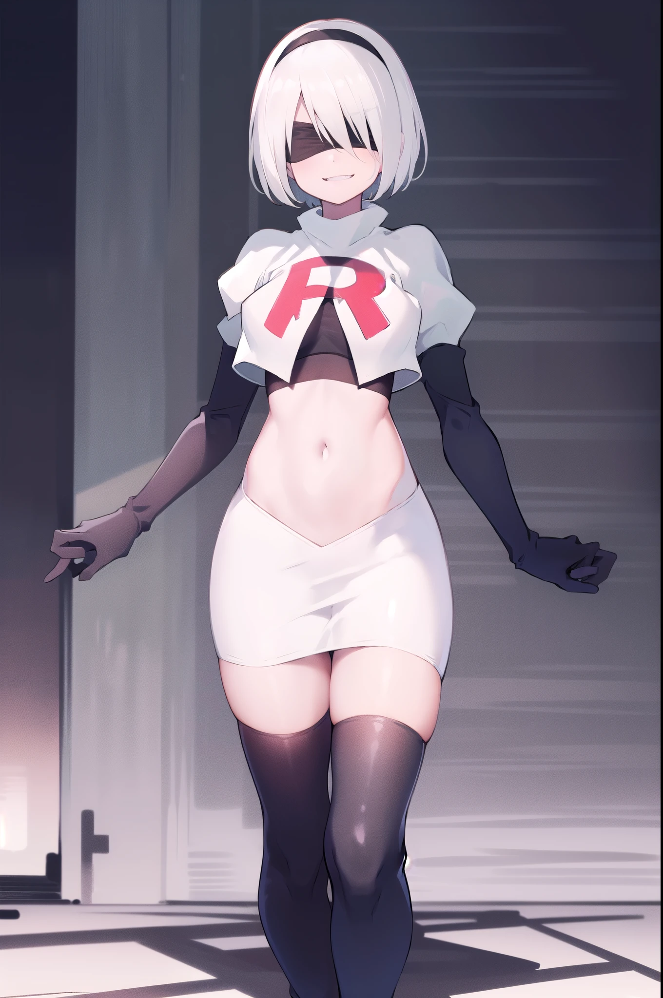 2b, black headband, black blindfold, white hair, short hair, Team rocket, team rocket uniform, red letter R, white skirt,white crop top,black thigh-high boots, black elbow gloves, evil smile, night sky background