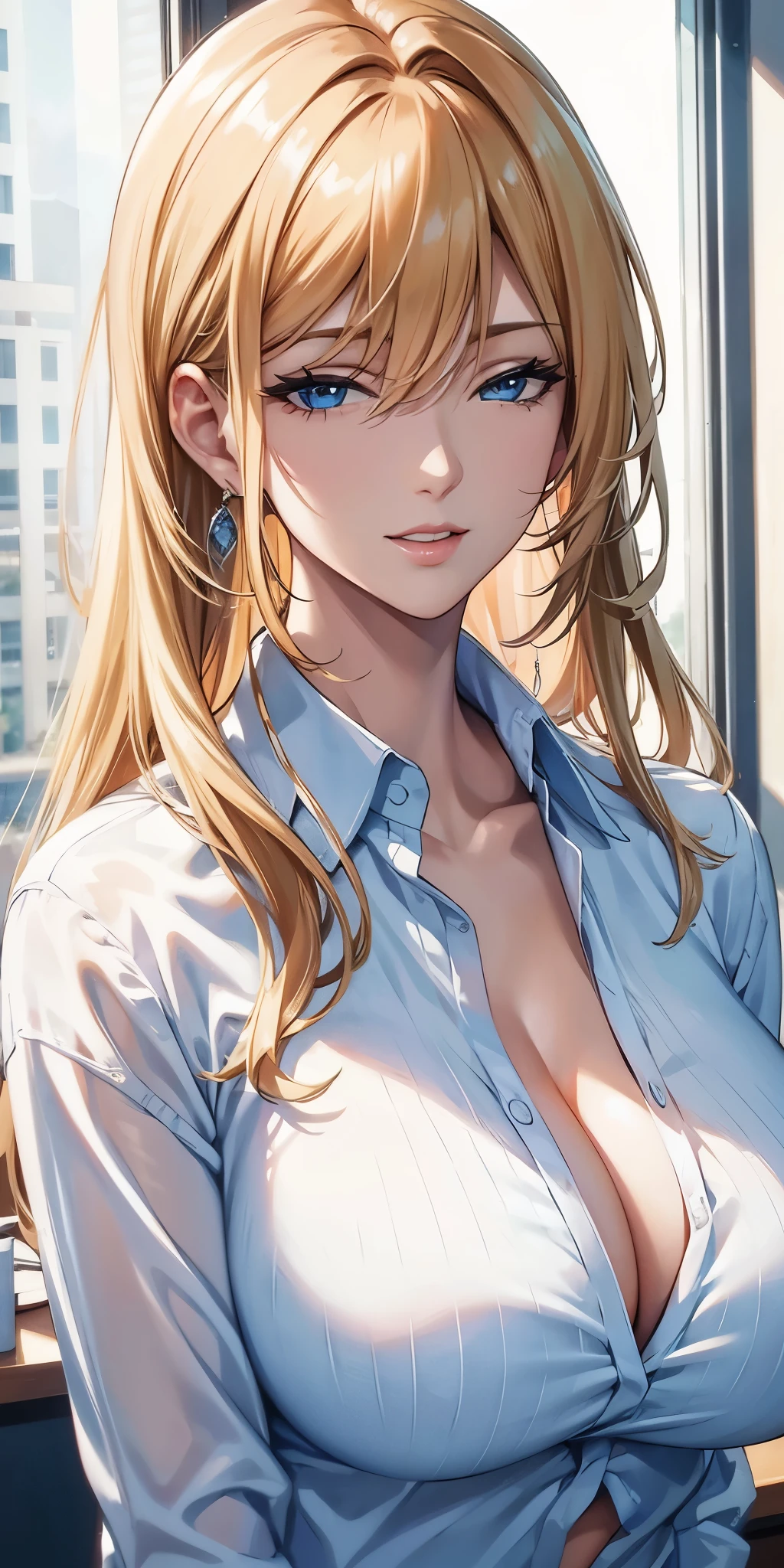 (best quality, highres), close-up portrait, elegant woman, long straight hair, swept-side bang, [[[brown hair]]], blonde hair, high detailed eyes, broad shoulders , office shirt, big breast, cleavage, office window, ultra detailed cg, 