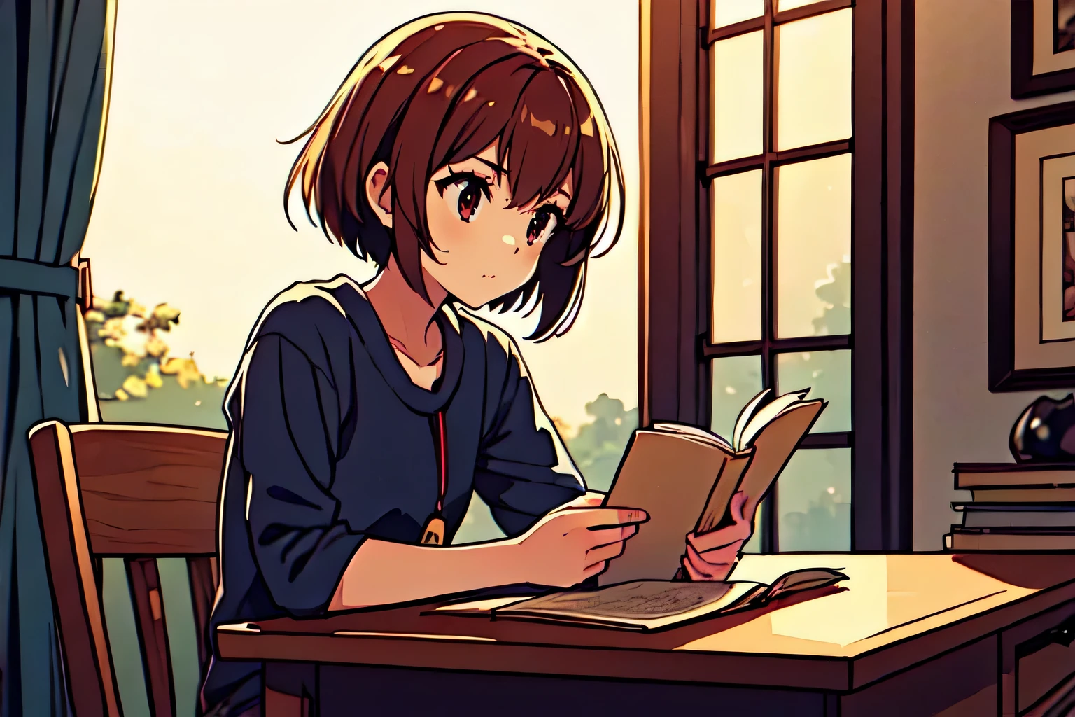 one girl, short hair, Red hair inside, we say, quiet expression, pale, ((Upper body)),stare into the distance,
sitting at the desk, read paperback books, evening,, Small book