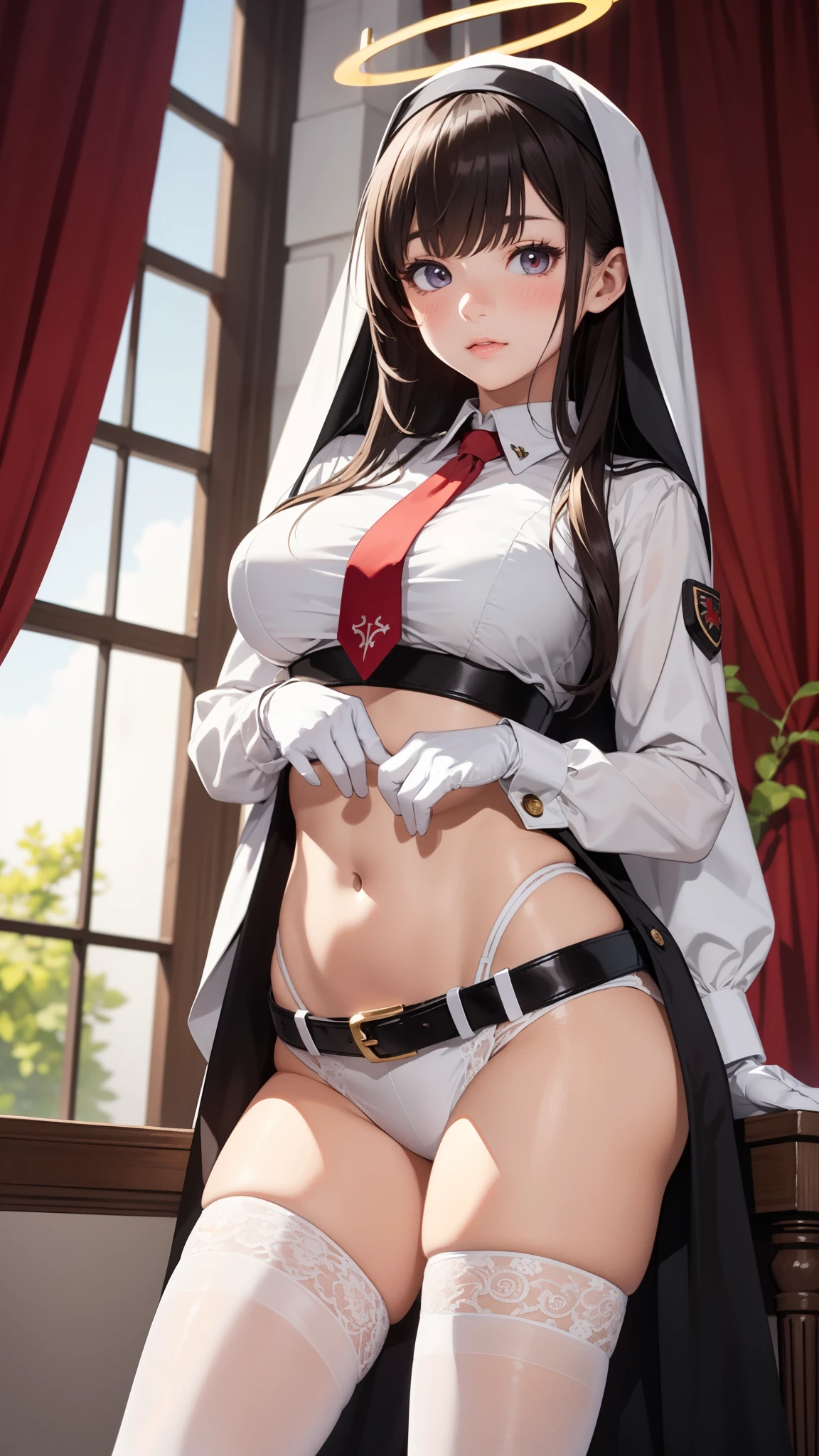 (best quality, ultra detailed, illustration, masterpiece),curtains, bodystocking, 1girl, solo, thighhighs, gloves, large breasts, long hair, white thighhighs, nun, belt strapping, looking at viewer, halo, blush, long sleeves, covered navel, bangs, neck ribbon, braid, red necktie