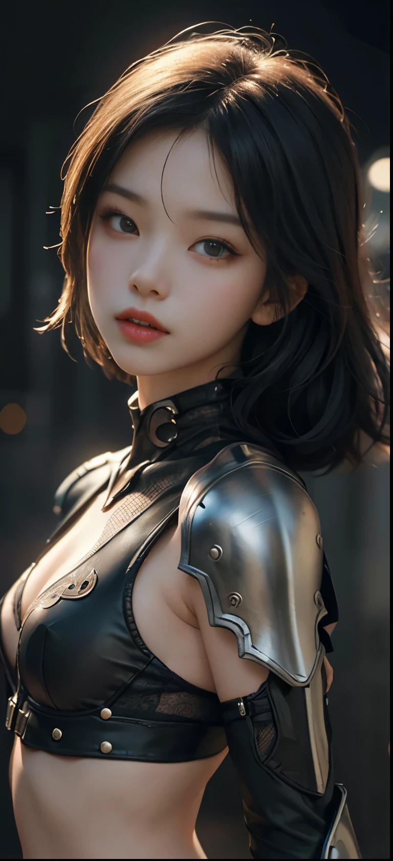NSFW(((masterpiece))), (((Best Quality))), ((Ultra-detailed)), (extremely detailed photo), ((extremely delicate and beautiful)),(Cute delicate face), an image of cyberpunk, steampunk, sci-fi, cyberpunk fan art, cyberpunk hd wallpaper, cyberpunk art, cyberpunk pics, cyberpunk images, (tall girl), ((A 18 years old cool Asian woman in Spanish quarter)),solo,short hair,looking at viewer,machanical girl, armor ,(beautiful face and eye), double eyelid,delicate skin,slender body shape,small breast