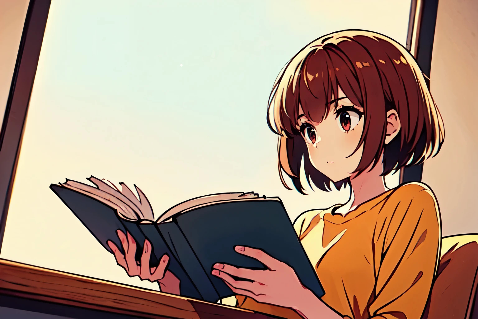 One girl, short hair, red hair inside, we say, quiet expression, pale, ((upper body)),looking away:1.4,
Sitting at a desk, reading a paperback book, evening,, small book