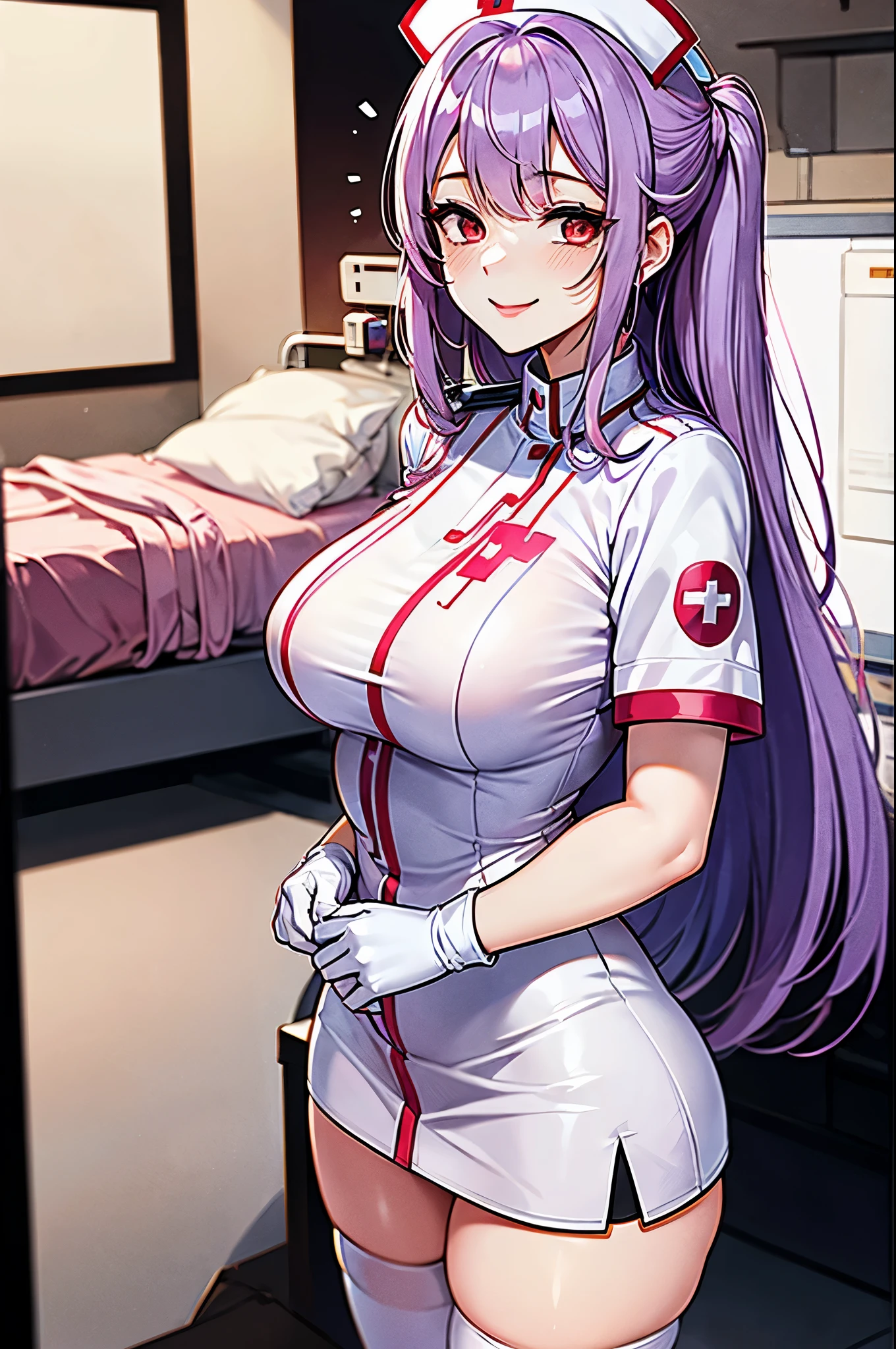 1 female, alone, nurse, nurse cap, white clothes, ((white legwear, zettai ryouiki)), white gloves, long hair, purple hair, red eyes, pink lips, smile, Are standing, ((hospital room)), sharp outline, short sleeve, mature woman, 35 years old, highest quality, masterpiece