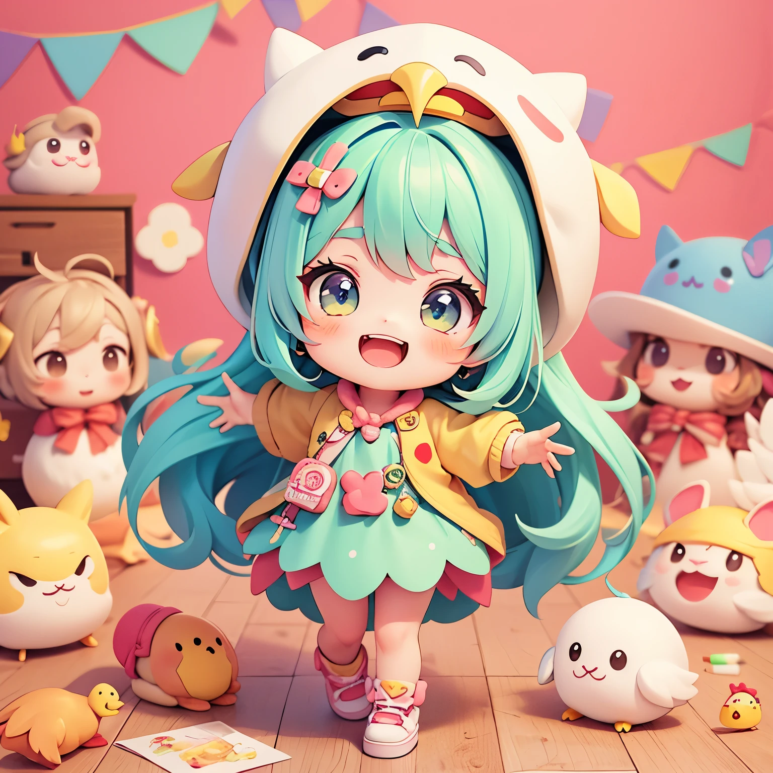 The characters laugh loudly., cartoon girl in a chicken costume with a hat and a hand, kawaii cutest sticker ever, cute digital art, chibi girl, cute anime style, cute detailed digital art, anime chibi, cute anime girl, chibi anime girl, ruan cute vtuber, sticker illustration