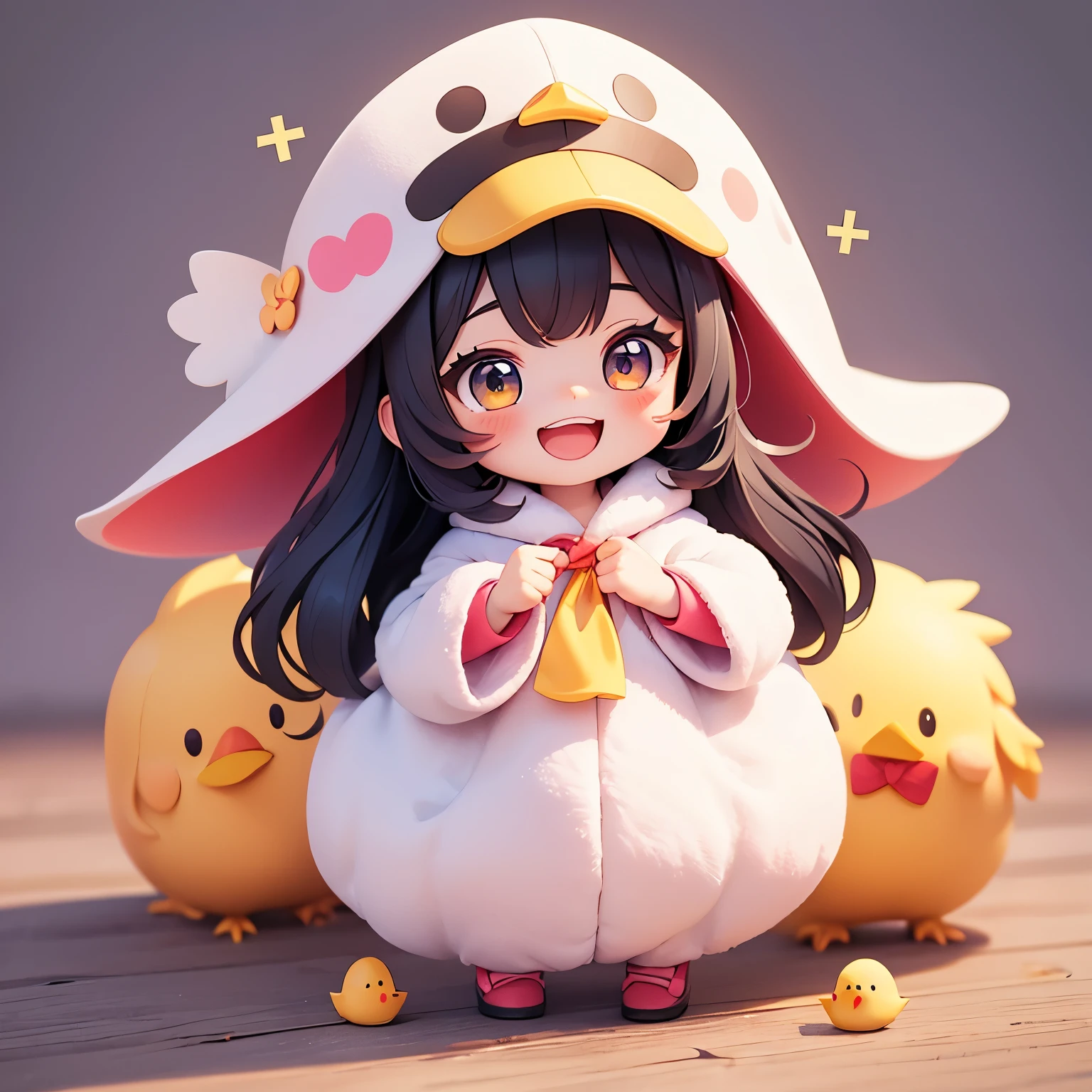 The characters make pitiful faces. The character clasps his hands in pleading. , cartoon girl in a chicken costume with a hat and a hand, Cute character is sitting, kawaii cutest sticker ever, cute digital art, chibi girl, cute anime style, cute detailed digital art, anime chibi, cute anime girl, chibi anime girl, ruan cute vtuber, sticker illustration