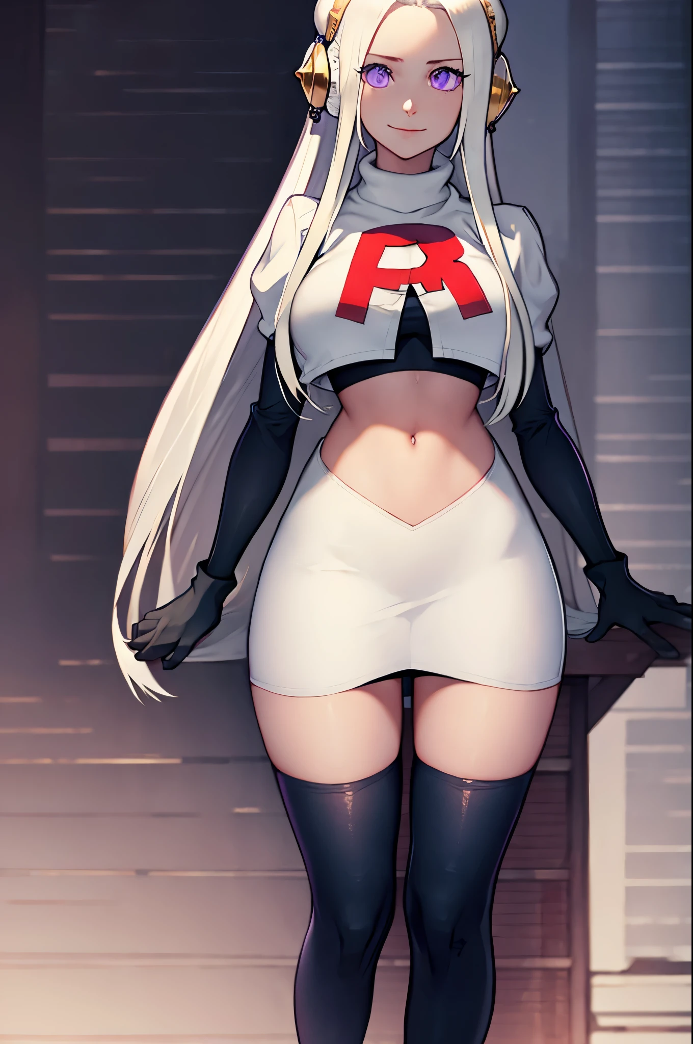 edelgard von hresvelg, purple eyes, headset, Team rocket, team rocket uniform, red letter R, white skirt,white crop top,black thigh-high boots, black elbow gloves, evil smile, night sky background