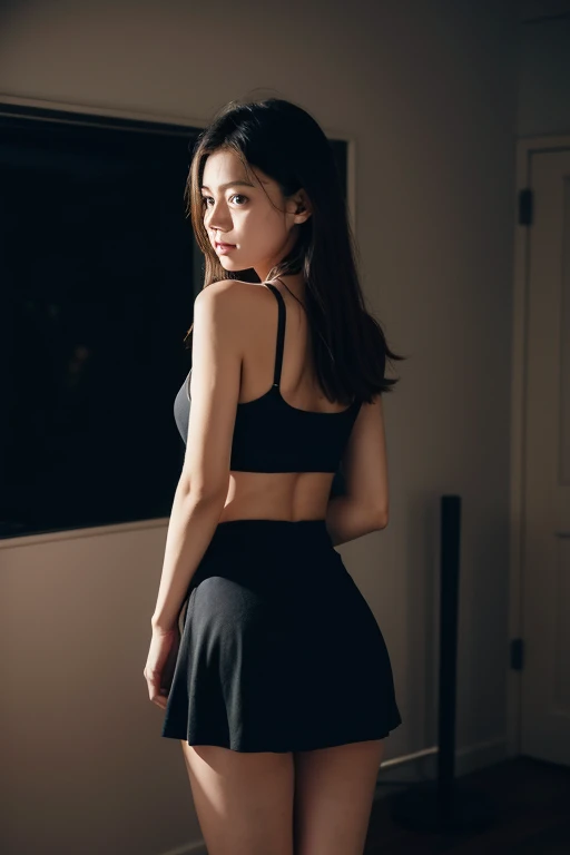 girl trying to look back in fear. The setting is a dark room at night. Her skirt is lifted and her back is almost bare