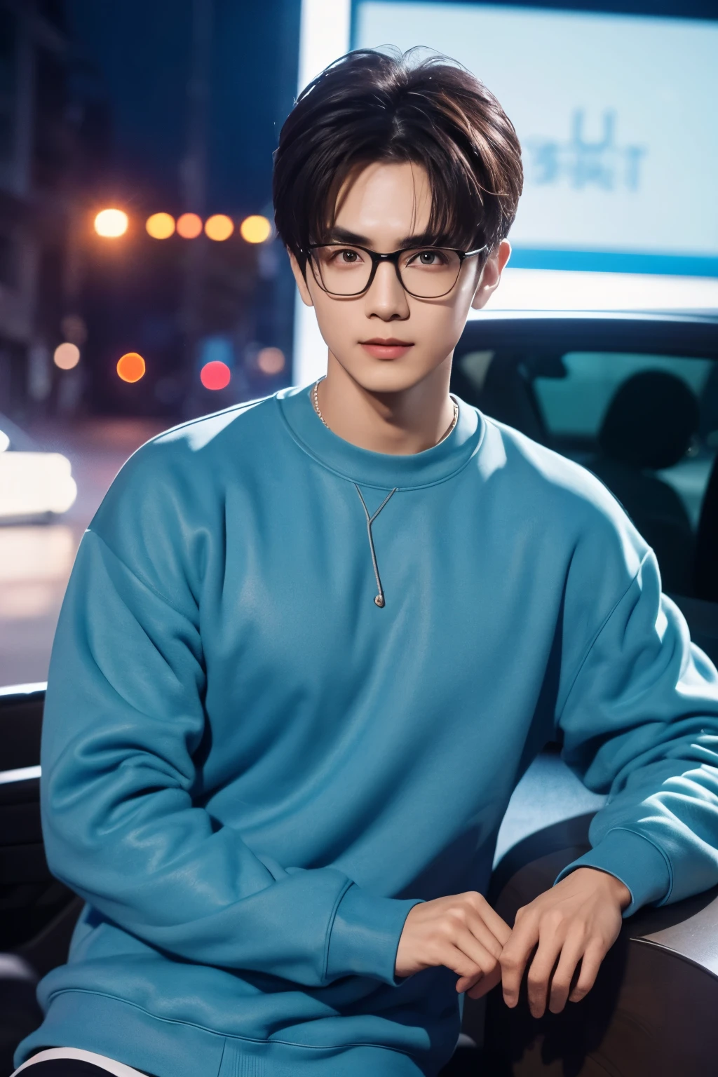 late at night,Thermal sweatshirt,attractive man,Wearing a pair of metal spectacle frames,real photos,Handsome and sunny,(Monocular effect,Realism,8k,Ultra-detailed,Absolute realism)