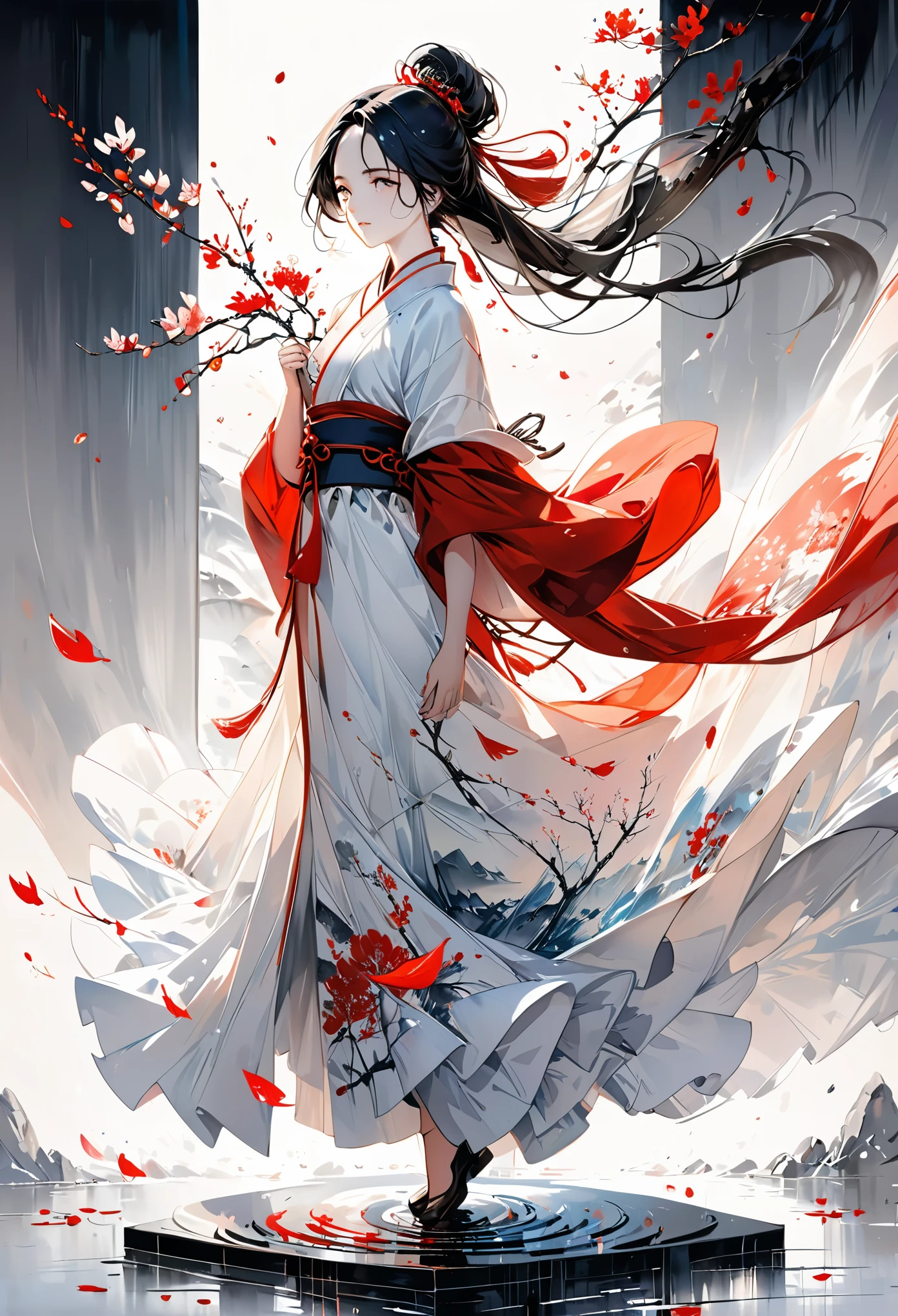 Illustration style, award winning art, Traditional Chinese painting style, Ink wash painting style, Flowing brushstrokes, by Agnes Cecile, Rich in layers, Classical Chinese maiden painting, The perfect fusion of modern art and traditional Chinese painting, Full-body view, A Chinese girl, Extremely beautiful countenance, Classical beauty of the East, Long hair, Silk-textured clothing, weared in translucent crystal sculpture glitch, Perfect female body, Graceful Eastern woman, octane render masterpiece, Scattered Watercolors,masterpiece scale, Falling petals, beautiful depth of field, ultra detailed CG perspective, ultra dynamic lighting amazing shadows