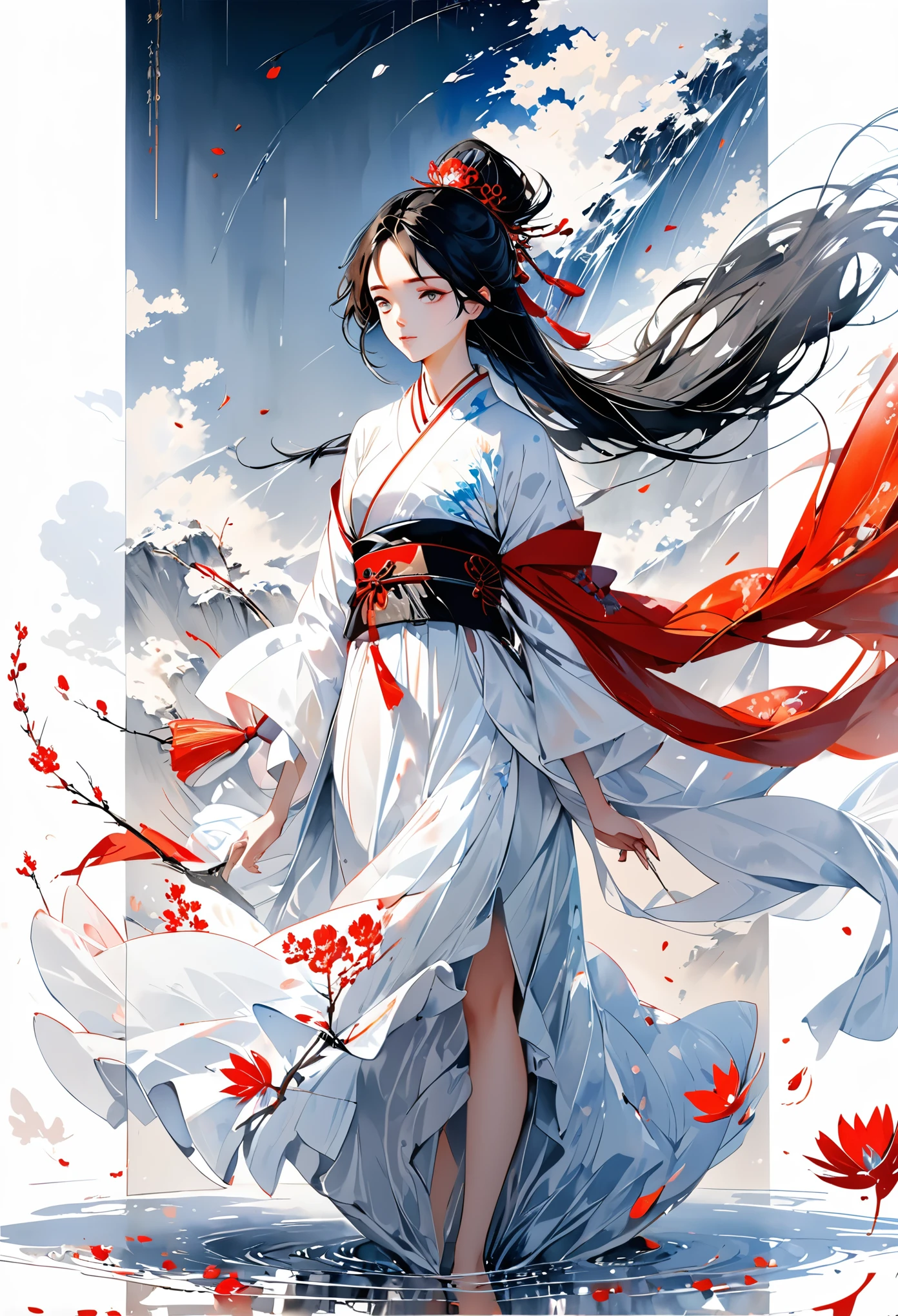 Illustration style, award winning art, Traditional Chinese painting style, Ink wash painting style, Flowing brushstrokes, by Agnes Cecile, Rich in layers, Classical Chinese maiden painting, The perfect fusion of modern art and traditional Chinese painting, Full-body view, A Chinese girl, Extremely beautiful countenance, Classical beauty of the East, Long hair, Silk-textured clothing, weared in translucent crystal sculpture glitch, Perfect female body, Graceful Eastern woman, octane render masterpiece, Scattered Watercolors,masterpiece scale, Falling petals, beautiful depth of field, ultra detailed CG perspective, ultra dynamic lighting amazing shadows