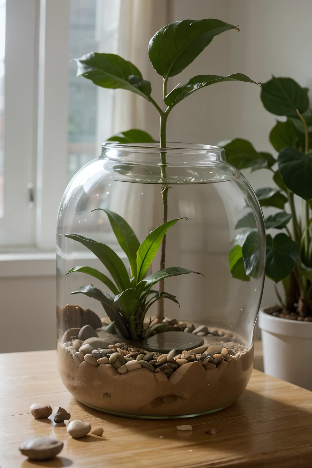 round aquarium with pebbles in the bottom and single stemmed pothos plant with 2 leaves, fish swimming around the plant
