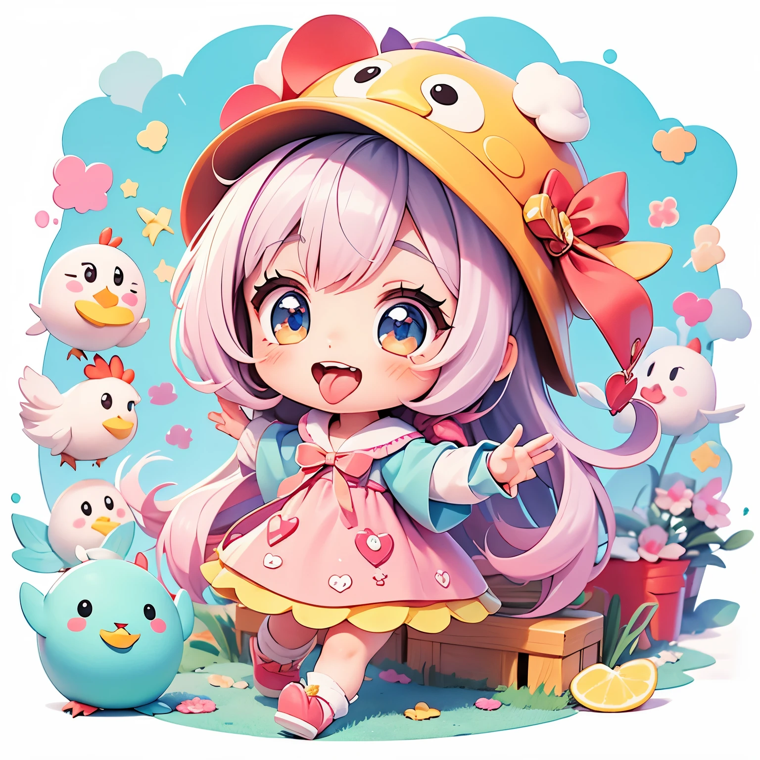 The characters laugh loudly.
The character falls on his stomach, cartoon girl in a chicken costume with a hat and a hand, kawaii cutest sticker ever, cute digital art, chibi girl, cute anime style, cute detailed digital art, anime chibi, cute anime girl, chibi anime girl, ruan cute vtuber, sticker illustration