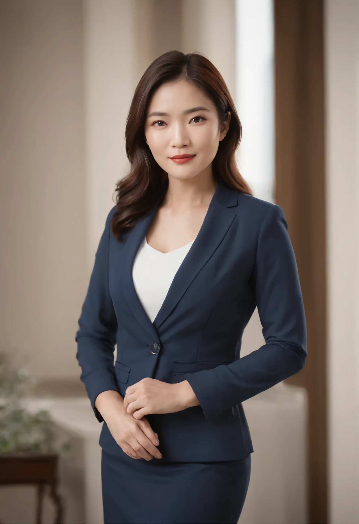 Professional image of a 45-year-old Asian working woman, Have femininity,Wear a navy blue business casual suit and hip wrap skirt, Professional profile photo, posing with crossed arms, professional picture, professional profile picture, photograph of a woman, Business woman, lecturer, Black hair, Slim body, 8K high-definition