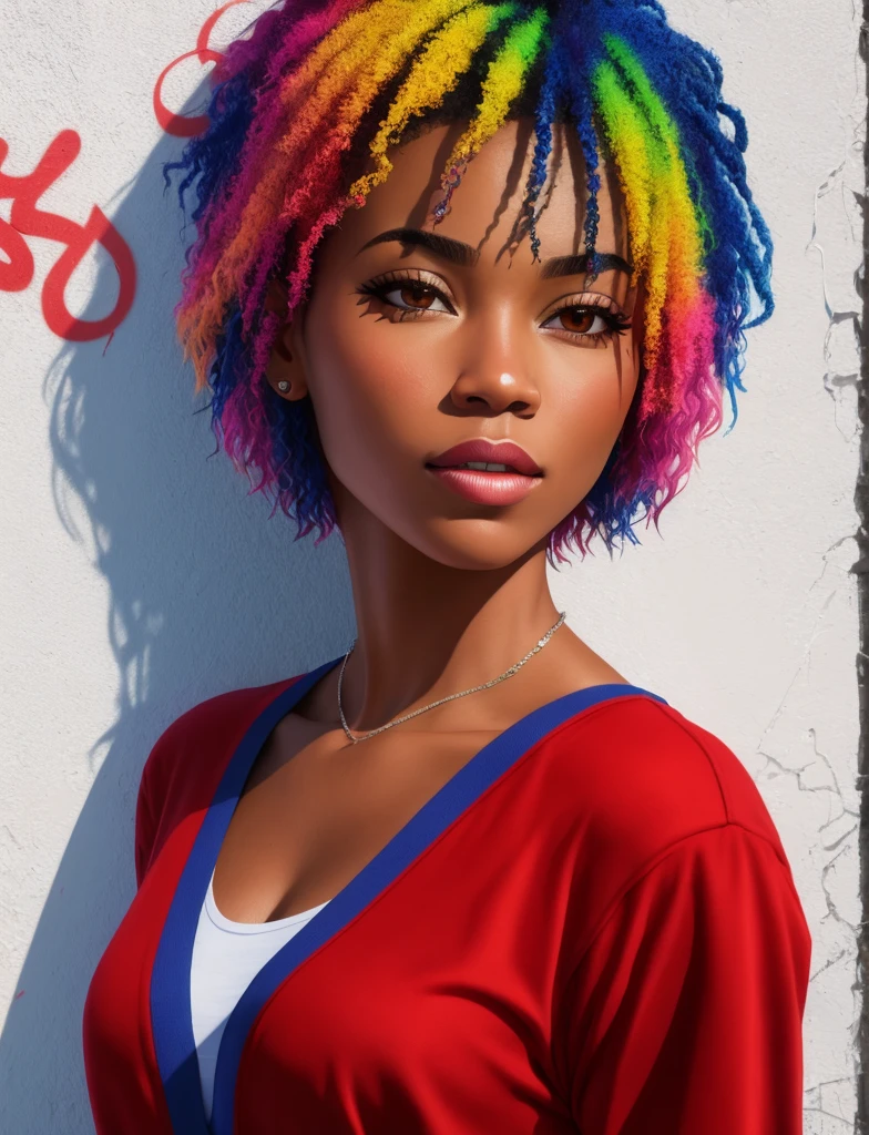 Graffiti painting, street art, 16k extremely detailed CG unit wallpaper, 16k landscape, artwork, masterpiece, best quality, amazing light strokes, of an African American woman with platinum hair in graffiti style on a white wall with vibrant colors.