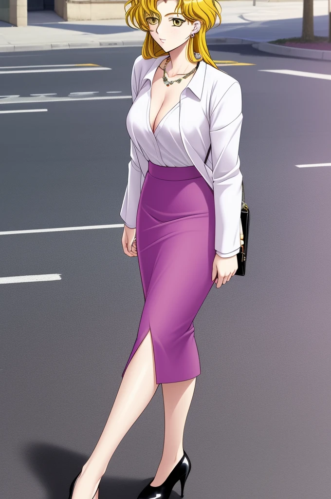 ItoRyoko, masterpiece, best quality, a mature sexy woman in light purple business suit and black shirt poses on street sidewalk for photograph, 1girl, solo, breasts, pencil skirt, high heels, bag, cleavage, jewelry, formal, skirt suit, suit, president lady