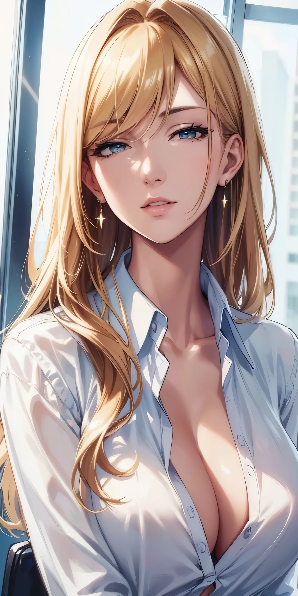 (best quality, highres), close-up portrait, elegant woman, long straight hair, swept-side bang, [[[brown hair]]], blonde hair, high detailed eyes, broad shoulders , office shirt, big breast, cleavage, office window, ultra detailed cg, 