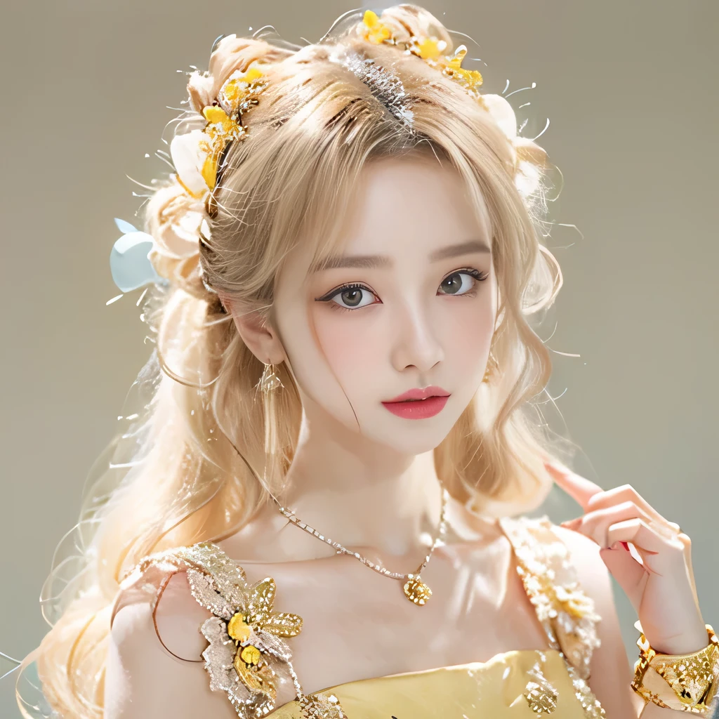 8k）、（best image quality:1.5）、gray background、close up of face、１girl、masterpiece、delicate and sharp eyes、brown eyes、eye power、delicate face、cup、attractive face、platinum blonde hair、Semi-long wave、yellow wedding dresses、yellow wedding dress、I can see the collarbone、gal、Emphasis on the clavicle、earrings、necklace