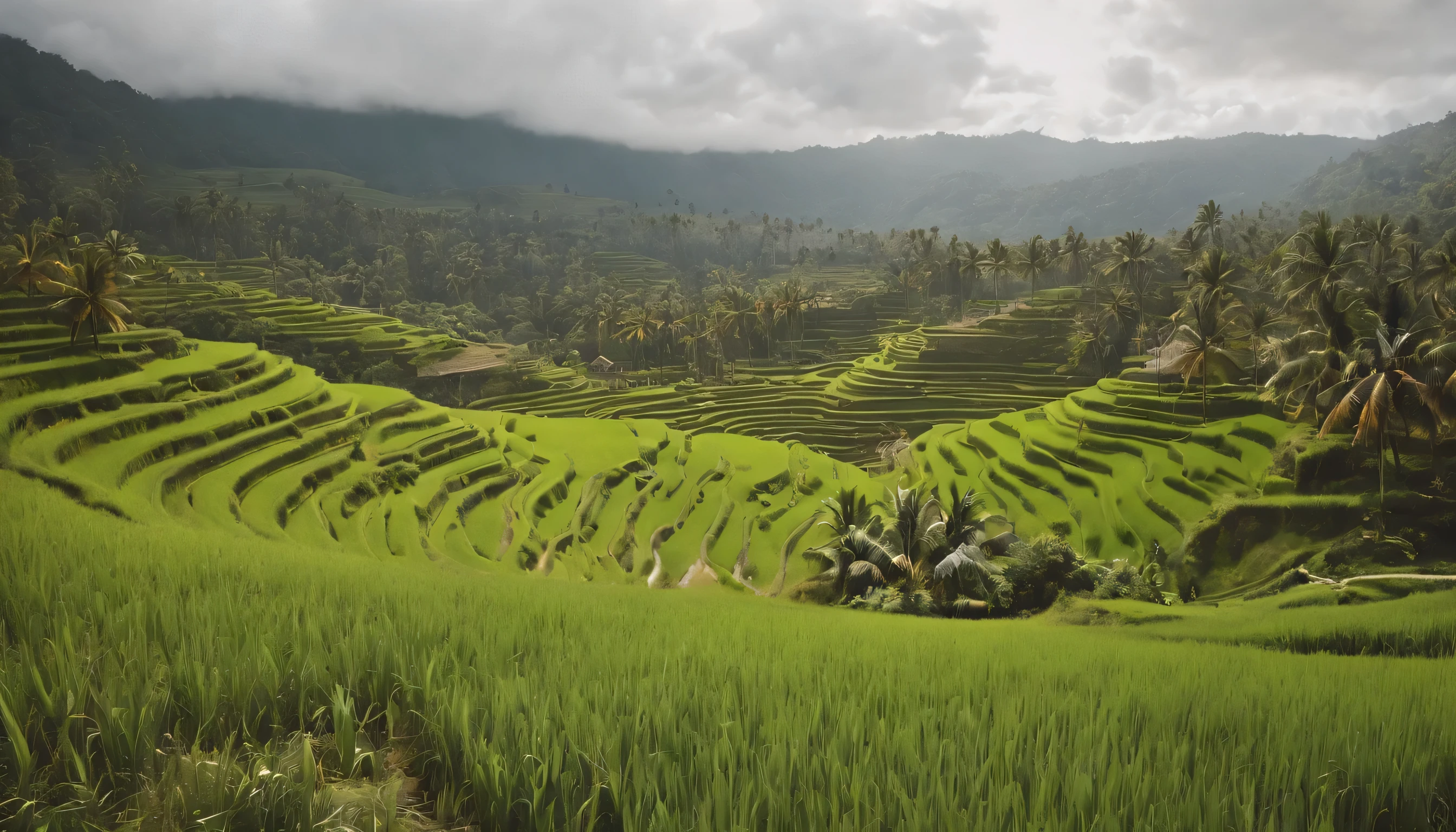 (Highly detailed CG Unity 8k wallpaper、masterpiece、highest quality、Super detailed)、(best lighting、best shadow、very delicate and beautiful)、highest quality、8k、Detailed facial depiction、masterpiece、highest quality、clear image quality、
Lush landscape of rice terraces in Ubud。