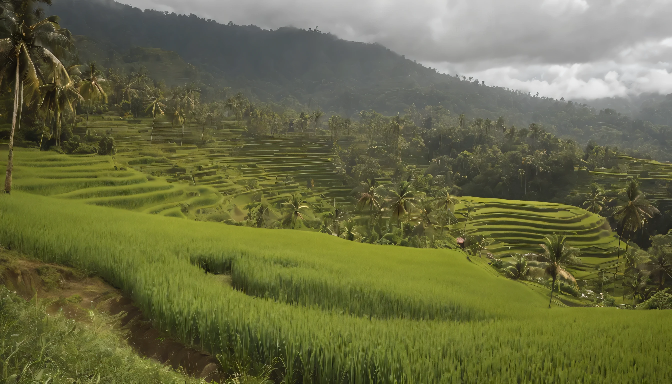 (Highly detailed CG Unity 8k wallpaper、masterpiece、highest quality、Super detailed)、(best lighting、best shadow、very delicate and beautiful)、highest quality、8k、Detailed facial depiction、masterpiece、highest quality、clear image quality、
Lush landscape of rice terraces in Ubud。