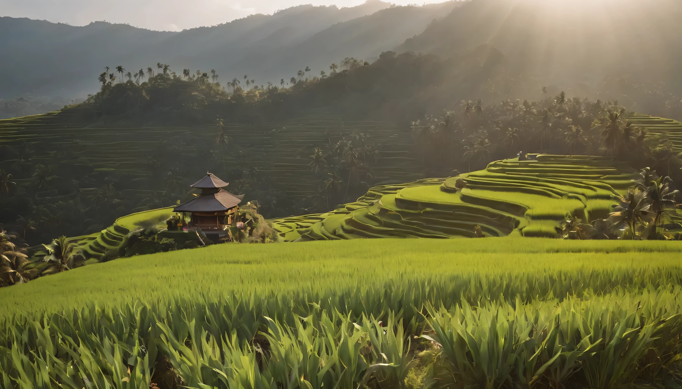 (Highly detailed CG Unity 8k wallpaper、masterpiece、highest quality、Super detailed)、(best lighting、best shadow、very delicate and beautiful)、highest quality、8k、Detailed facial depiction、masterpiece、highest quality、clear image quality、
Lush landscape of rice terraces in Ubud。