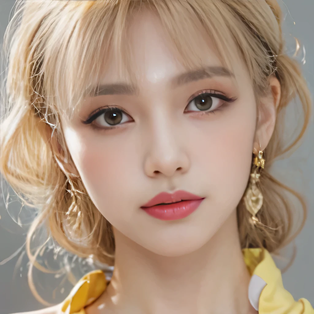 8k)、(best image quality:1.5)、gray background、close up of face、1girl、masterpiece、delicate and sharp eyes、brown eyes、eye power、delicate face、cup、attractive face、platinum blonde hair、Semi-long wave、yellow wedding dresses、yellow wedding dress、I can see the collarbone、gal、Emphasis on the clavicle、earrings、necklace