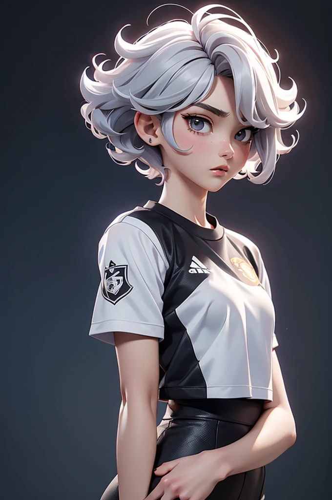 South korean movie actress :Football player , football team name : manchester united, 1girl, beautiful face, muscular slender body, hair color : gray white, hair style : very short hair Tapered With Fade And Textured Curls, 21 year old, anime style background , full body focus, well detailed, high resolution 8k, age:23, jersey t-shirt color :  white & black , background : anime style news postor, full body focus, skin colour : brown,