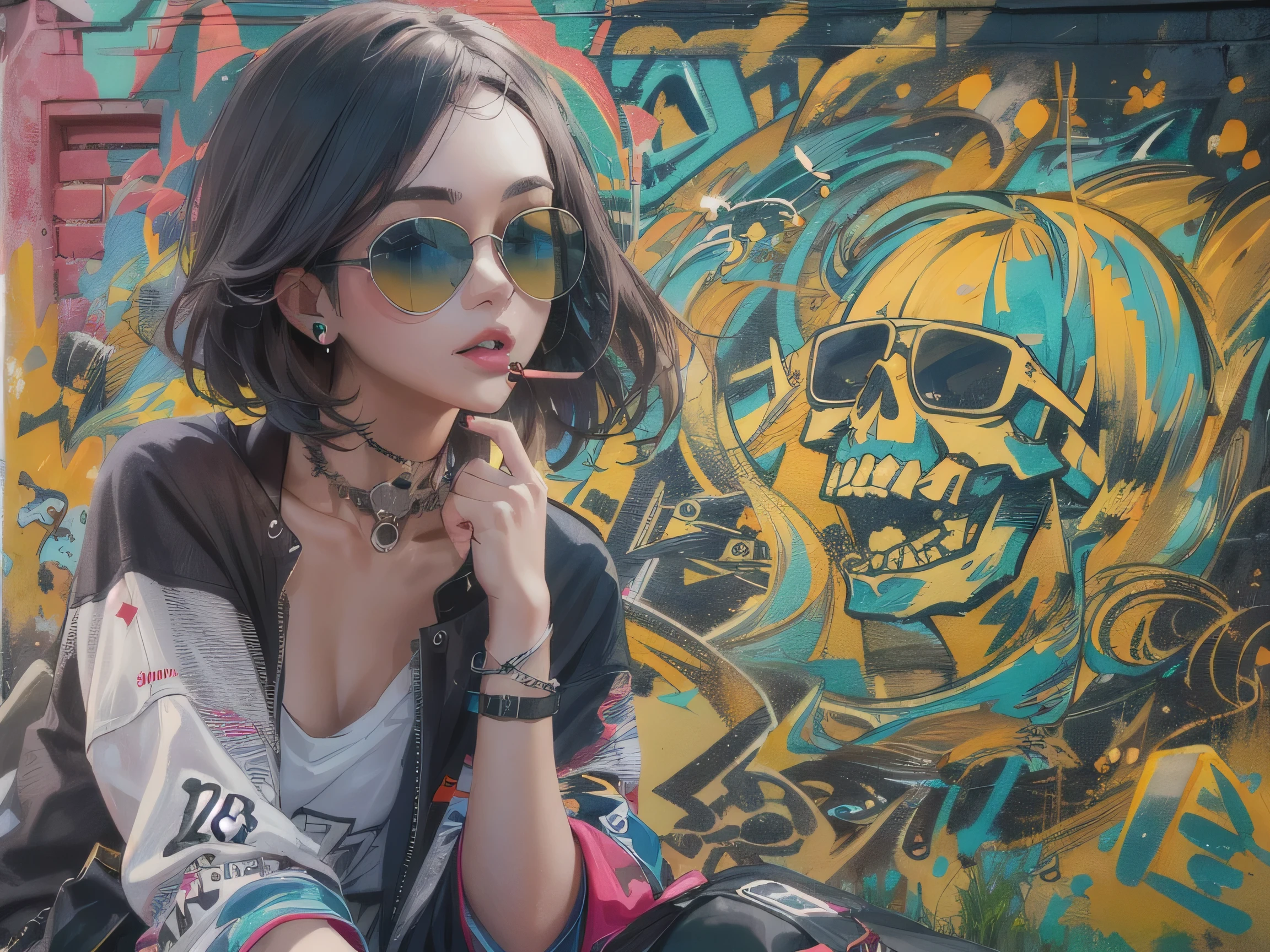 8K resolution、((highest quality))、((masterpiece))、((Super detailed))、1 female、alone、The strongest beautiful girl of all time、((incredibly absurd))、(((Stylish sunglasses))), Fashionable hats, lips in love、skull fashion、sit on the ground、neon、bob cut hair、 (((skull graffiti art))), colorful hair,