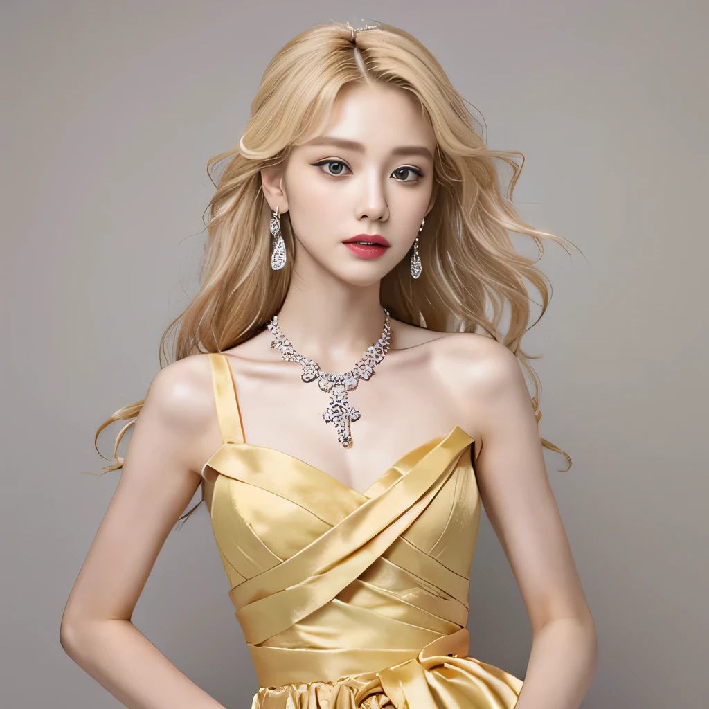8k）、（best image quality:1.5）、gray background、close up of face、１girl、masterpiece、delicate and sharp eyes、brown eyes、eye power、delicate face、cup、attractive face、platinum blonde hair、Semi-long wave、yellow wedding dresses、yellow wedding dress、I can see the collarbone、gal、Emphasis on the clavicle、earrings、necklace