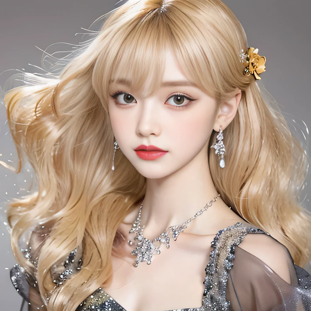 8k）、（best image quality:1.5）、gray background、close up of face、１girl、masterpiece、delicate and sharp eyes、brown eyes、eye power、delicate face、cup、attractive face、platinum blonde hair、Semi-long wave、yellow wedding dresses、yellow wedding dress、I can see the collarbone、gal、Emphasis on the clavicle、earrings、necklace