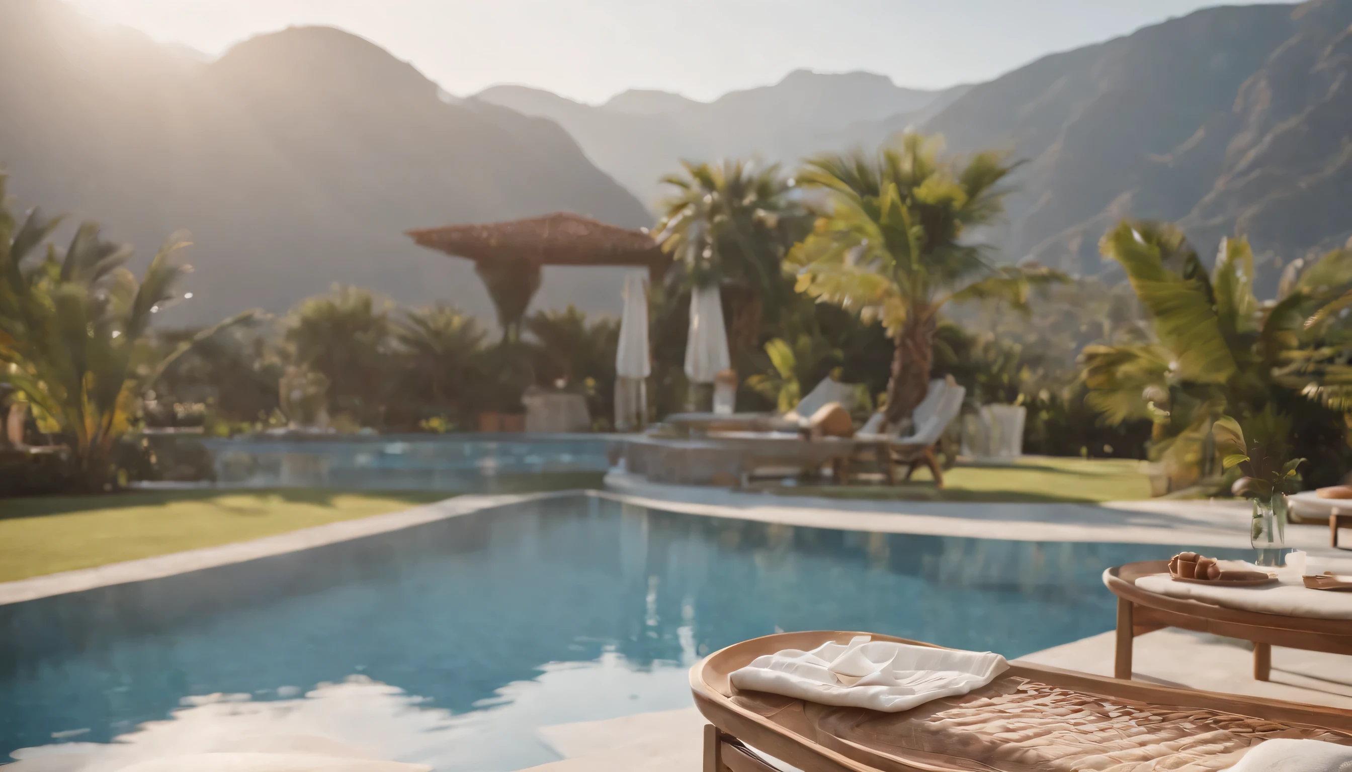 (Highly detailed CG Unity 8k wallpaper、masterpiece、highest quality、Super detailed)、(best lighting、best shadow、very delicate and beautiful)、highest quality、8k、Detailed facial depiction、masterpiece、highest quality、clear image quality、
Tranquil poolside view of a luxury resort in Semnyak。