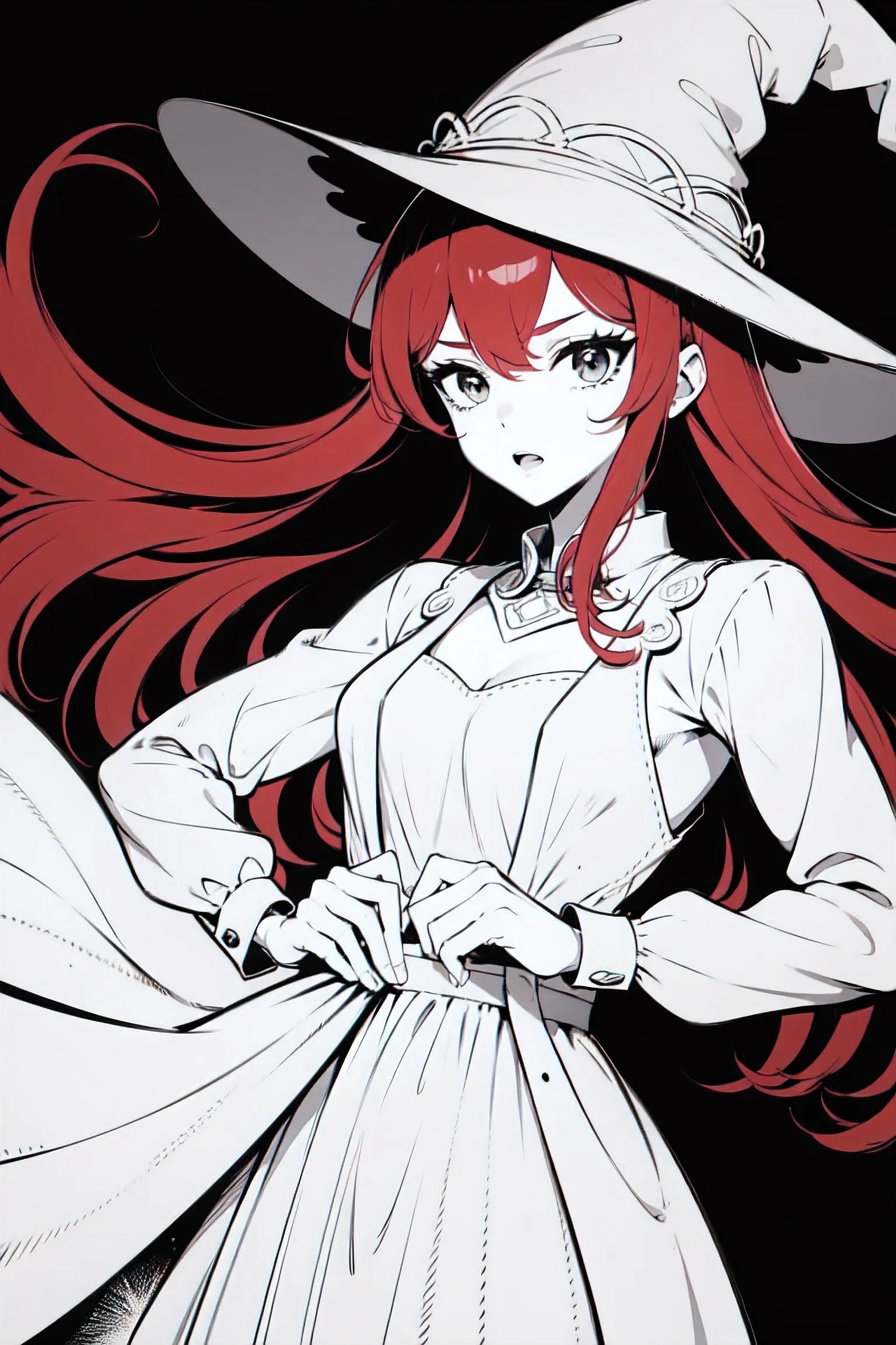 1 beautiful girl with long red hair , witch ,line art, Black & White