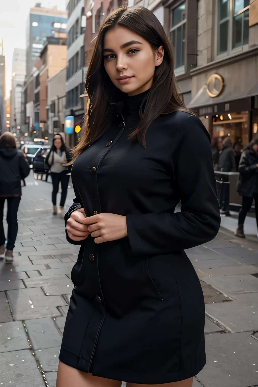 Foto hiperrealista en primer plano de Alicia Vikander, masterpiece, best quality, (photorealistic:1.4), full body, (black winter coat), (white turtle neck sweater:1.1), (gray pencil midi skirt1.2), (black delicate pantyhose:1.2) heels, street of New York, sunny day, cinematic light, beautiful woman, skinny, medium breasts, wave dark blond hair, detailed face, smile, facing the camera, photo taken from a distance, age of 20 years old,