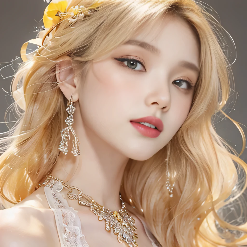 8k)、(best image quality:1.5)、gray background、close up of face、1girl、masterpiece、delicate and sharp eyes、brown eyes、eye power、delicate face、cup、attractive face、platinum blonde hair、Semi-long wave、yellow wedding dresses、yellow wedding dress、I can see the collarbone、gal、Emphasis on the clavicle、earrings、necklace