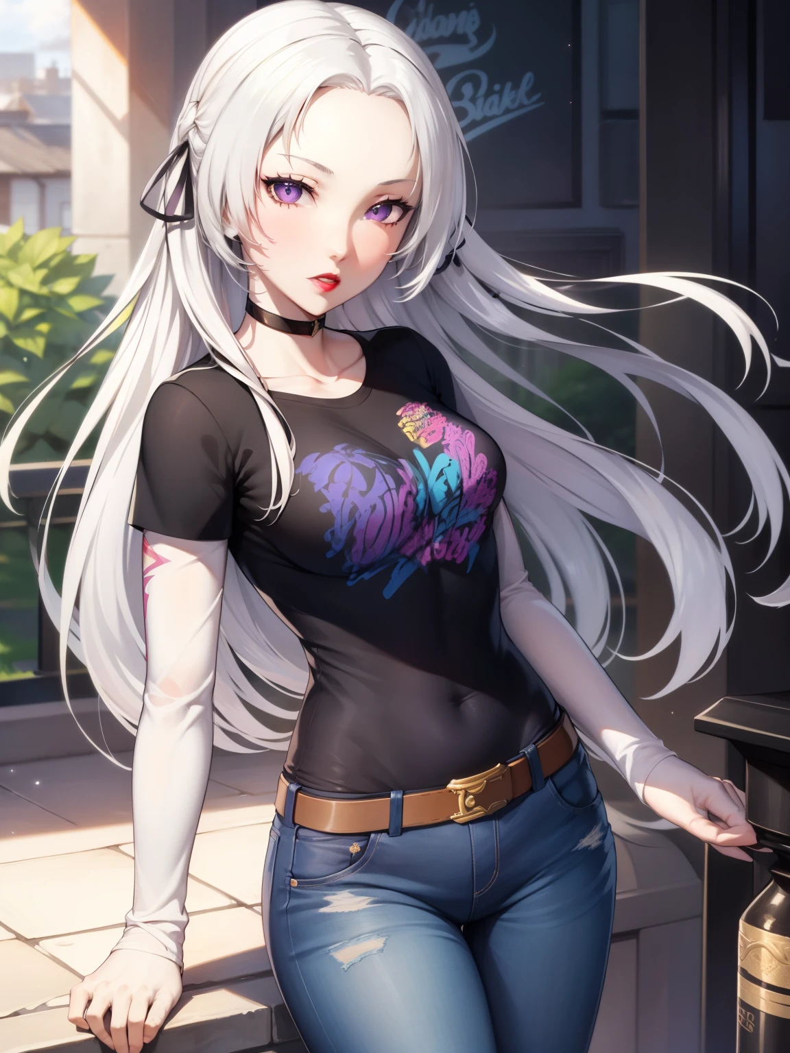 edelgard_academy, hair ribbon, long hair, white hair, purple eyes, glossy lips , 1girl, solo, standing, black t-shirt, white shirt, jeans, belt, lipstick, eyewear on head, tennis shoes