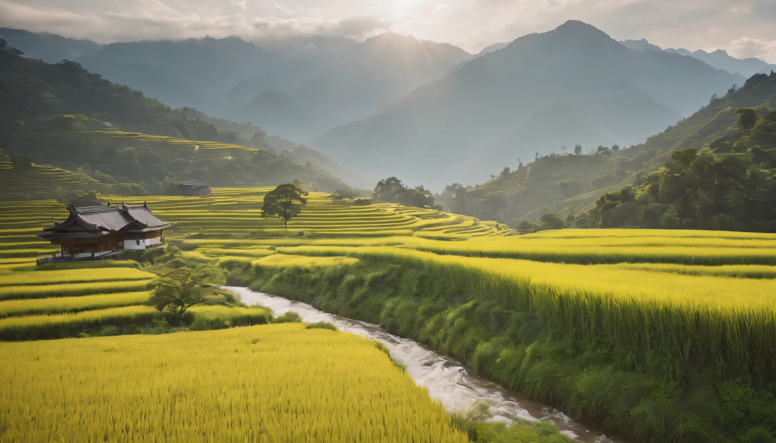 (Highly detailed CG Unity 8k wallpaper、masterpiece、highest quality、Super detailed)、(best lighting、best shadow、very delicate and beautiful)、highest quality、8k、Detailed facial depiction、masterpiece、highest quality、clear image quality、
The lush rice terraces of New Kimbit。