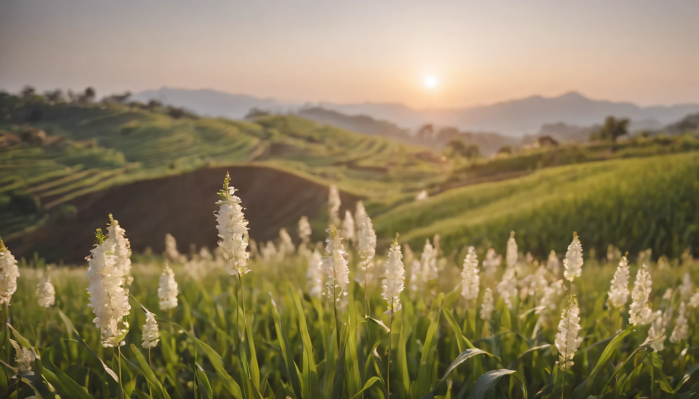(Highly detailed CG Unity 8k wallpaper、masterpiece、highest quality、Super detailed)、(best lighting、best shadow、very delicate and beautiful)、highest quality、8k、Detailed facial depiction、masterpiece、highest quality、clear image quality、
The lush rice terraces of New Kimbit。