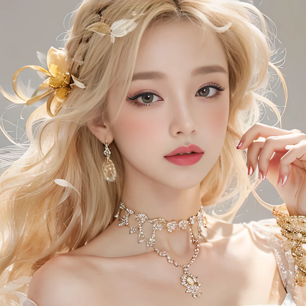 8k)、(best image quality:1.5)、gray background、close up of face、1girl、masterpiece、delicate and sharp eyes、brown eyes、eye power、delicate face、cup、attractive face、platinum blonde hair、Semi-long wave、yellow wedding dresses、yellow wedding dress、I can see the collarbone、gal、Emphasis on the clavicle、earrings、necklace