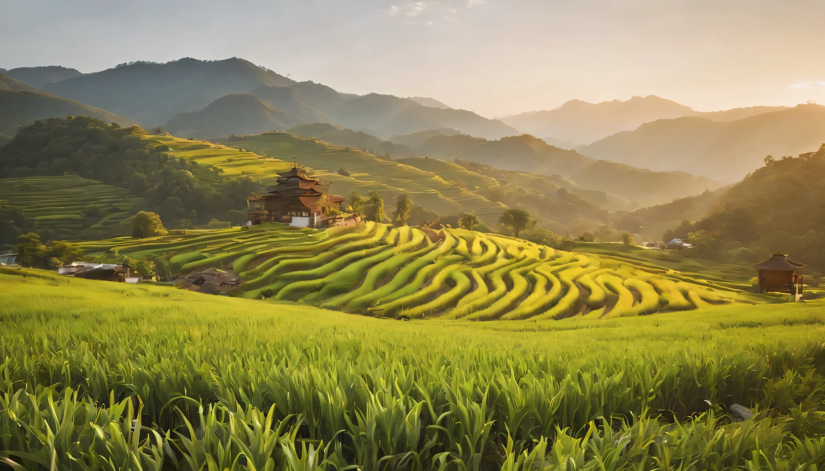 (Highly detailed CG Unity 8k wallpaper、masterpiece、highest quality、Super detailed)、(best lighting、best shadow、very delicate and beautiful)、highest quality、8k、Detailed facial depiction、masterpiece、highest quality、clear image quality、
The lush rice terraces of New Kimbit。
