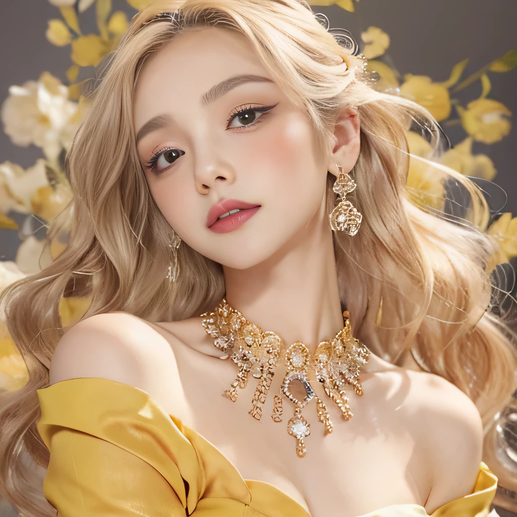 8k)、(best image quality:1.5)、gray background、close up of face、1girl、masterpiece、delicate and sharp eyes、brown eyes、eye power、delicate face、cup、attractive face、platinum blonde hair、Semi-long wave、yellow wedding dresses、yellow wedding dress、I can see the collarbone、gal、Emphasis on the clavicle、earrings、necklace
