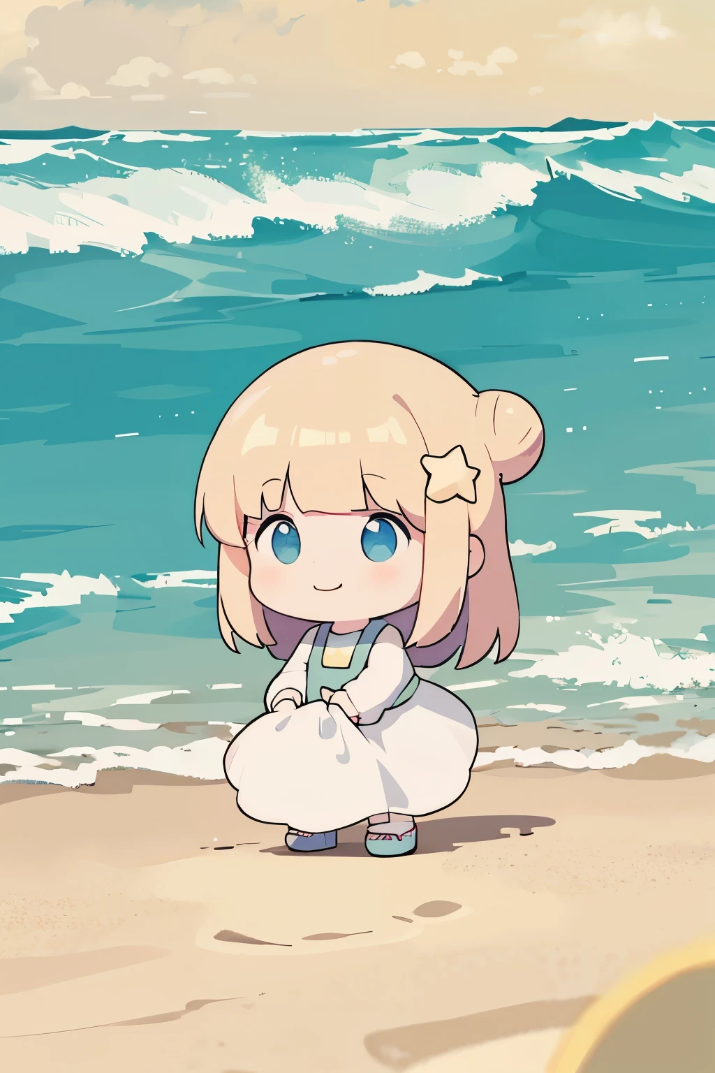 Photoreal、whole body、chibi girl、Seashell Accessories、smile、cute shoes、playing in a pile of sand