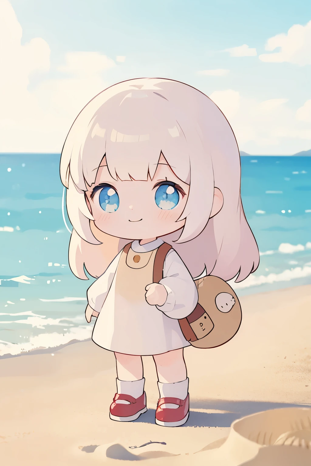 Photoreal、whole body、chibi girl、Seashell Accessories、smile、cute shoes、playing in a pile of sand