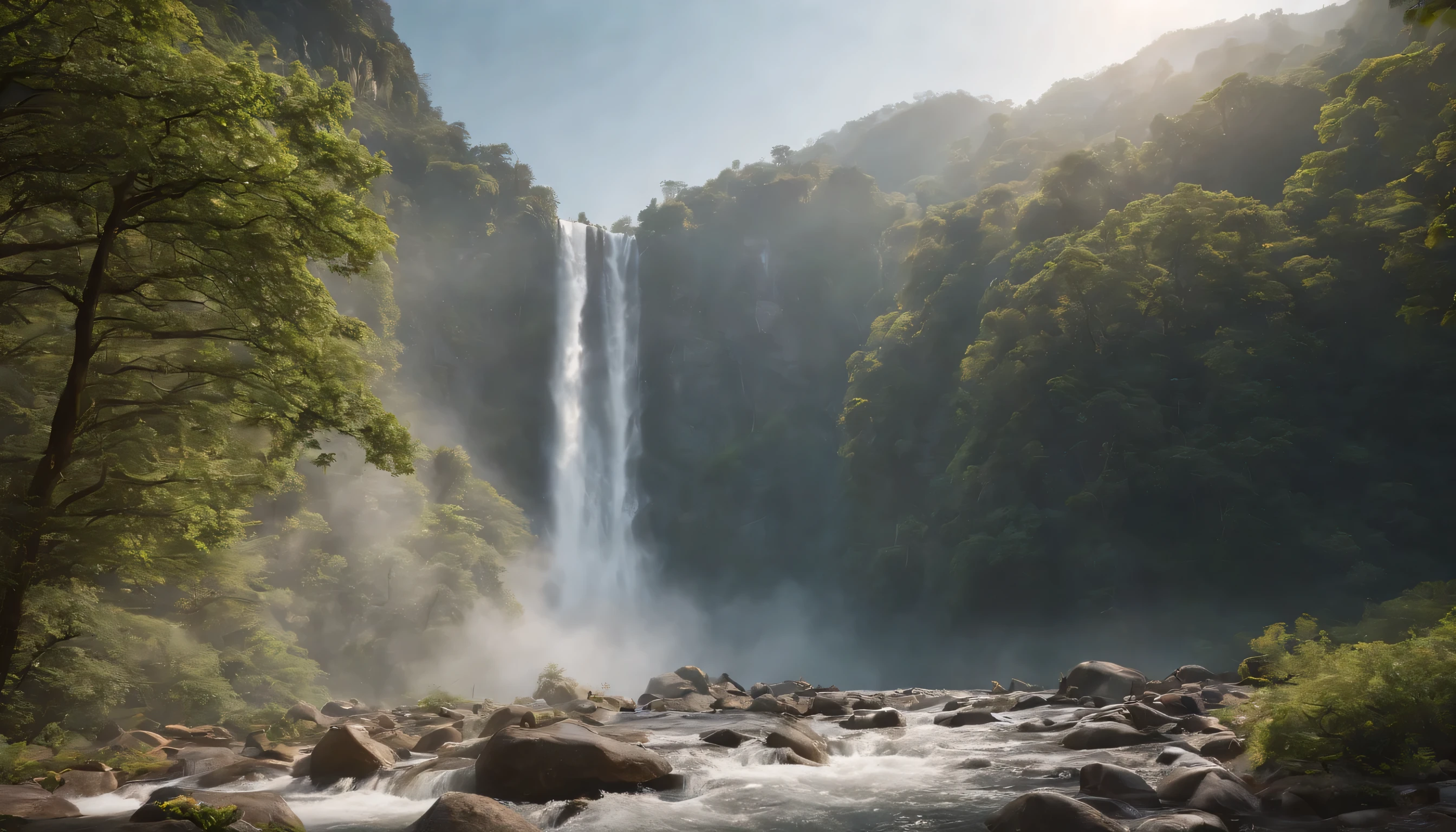 (pussy:1.2), naked, ass, view from back, women, (solo:1.1), 20 year old, 175 cm tall, realistic, brown hair, volumetric lighting, extremely dynamic pose, (smiling:1.1), waterfall, slender.