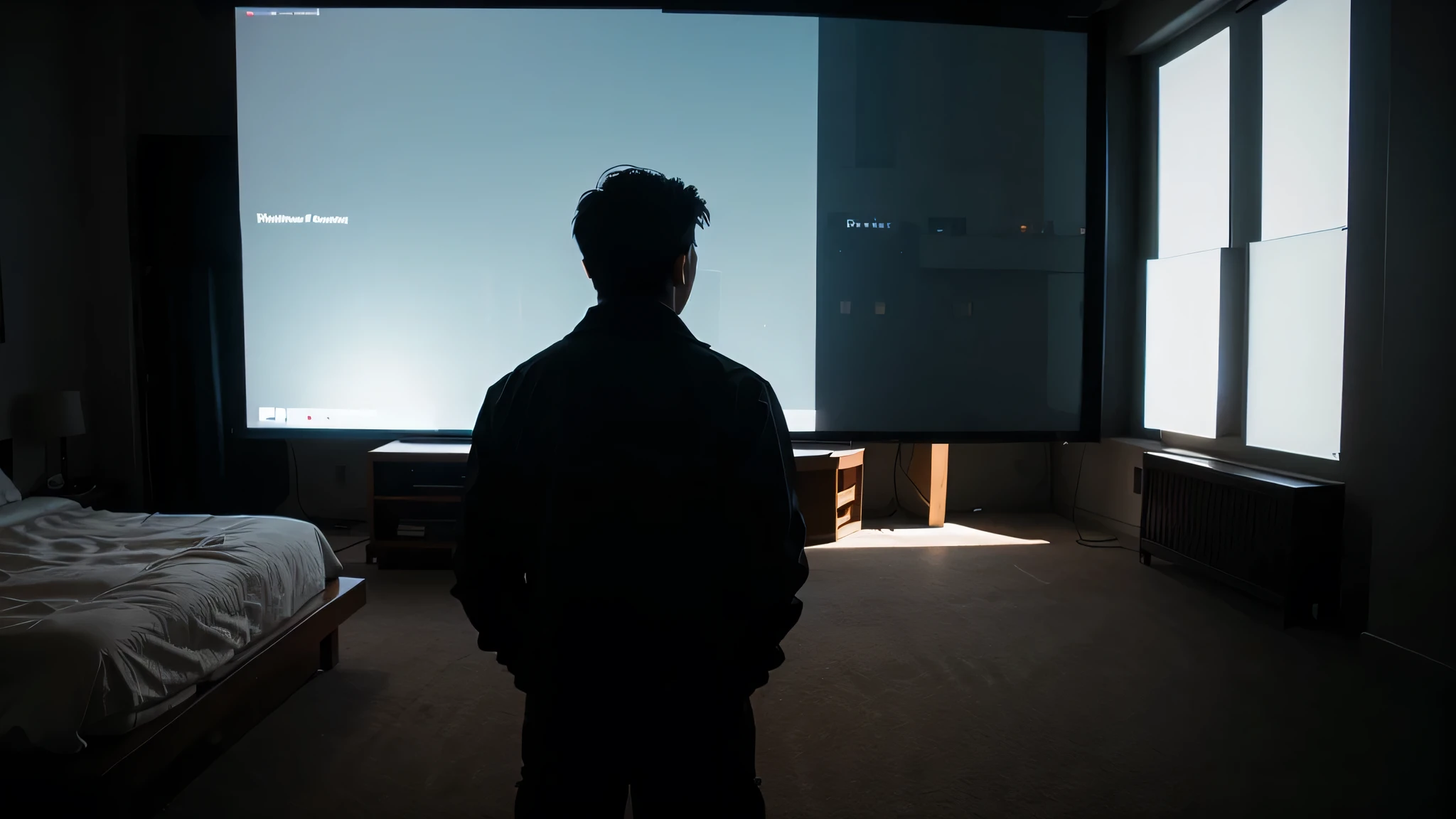 back shot of a man, front of big white screen in dark foggy room, cinematic, 16mm