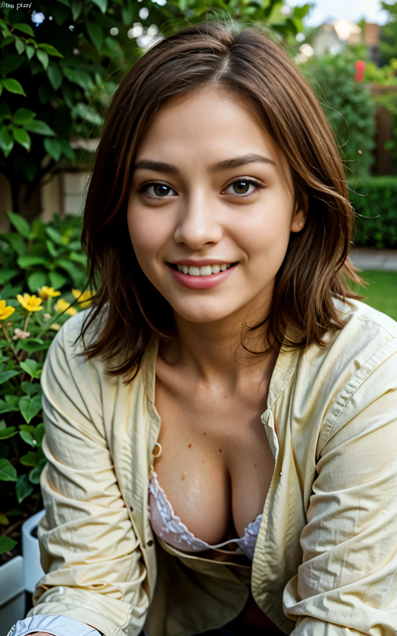 highest quality, figure, super detailed, finely, High resolution, 8k wallpaper, 完璧なダイナミックな構figure, beautiful skin, (big eyes), 20 year old beautiful girl, natural color lip, (sexy pose), mid chest, smile, Highly detailed face and skin texture, Detailed eyes, Double eyelid,leaking teeth and laughing, close-up, from side, beige medium hair, (green jacket), (shirt:1.2), garden