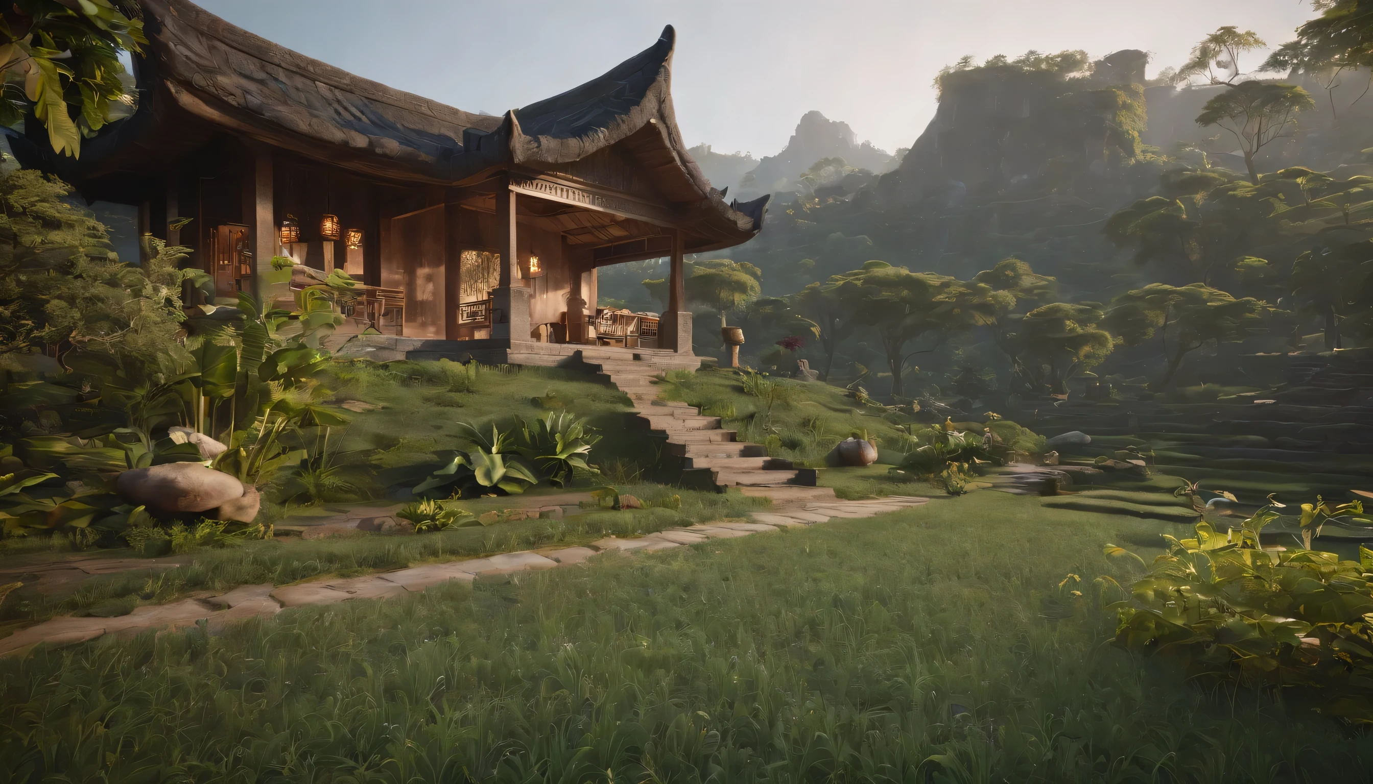(Highly detailed CG Unity 8k wallpaper、masterpiece、highest quality、Super detailed)、(best lighting、best shadow、very delicate and beautiful)、highest quality、8k、Detailed facial depiction、masterpiece、highest quality、clear image quality、
Rural scenery of Pekok Road and traditional Balinese houses。