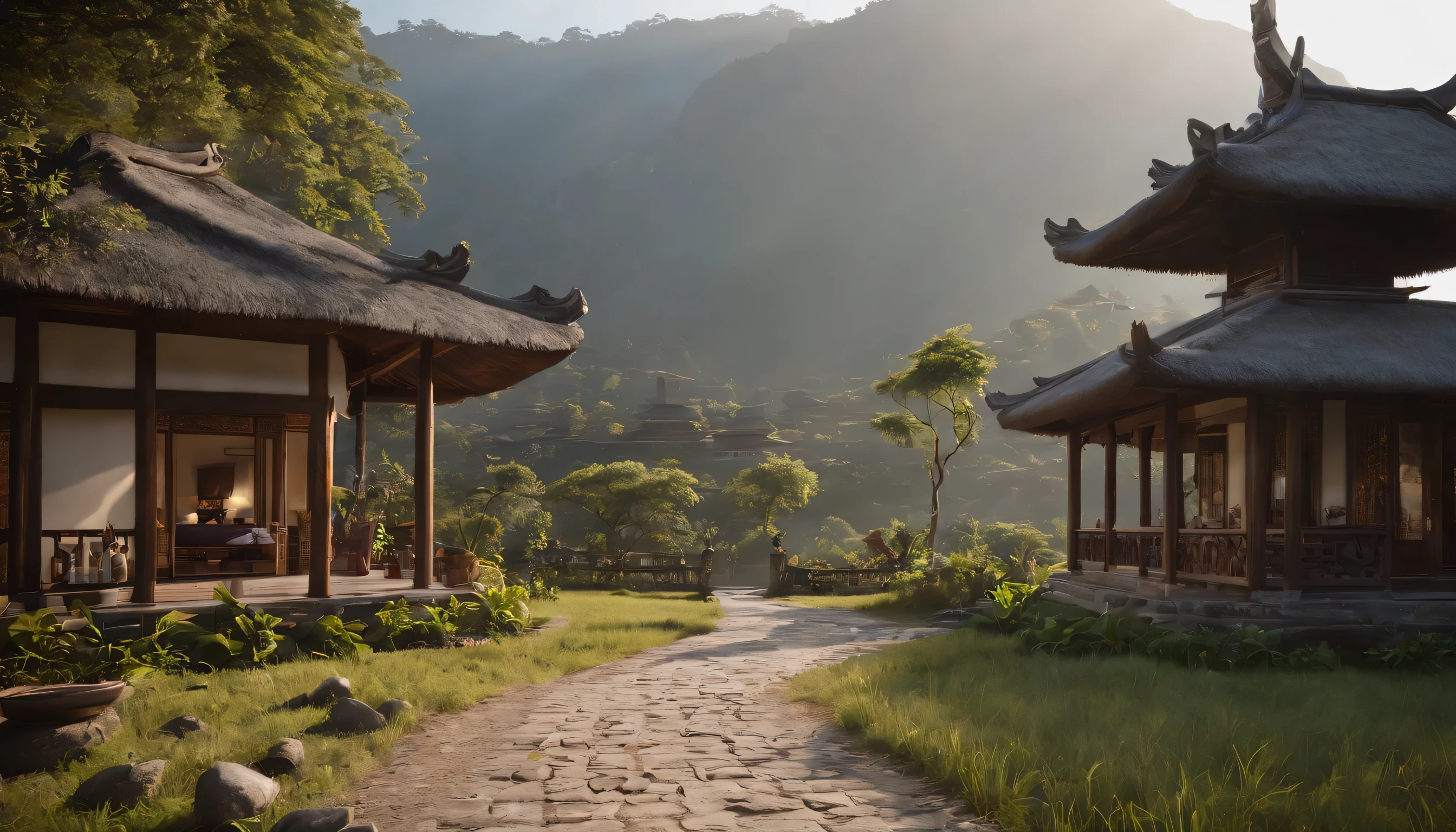 (Highly detailed CG Unity 8k wallpaper、masterpiece、highest quality、Super detailed)、(best lighting、best shadow、very delicate and beautiful)、highest quality、8k、Detailed facial depiction、masterpiece、highest quality、clear image quality、
Rural scenery of Pekok Road and traditional Balinese houses。