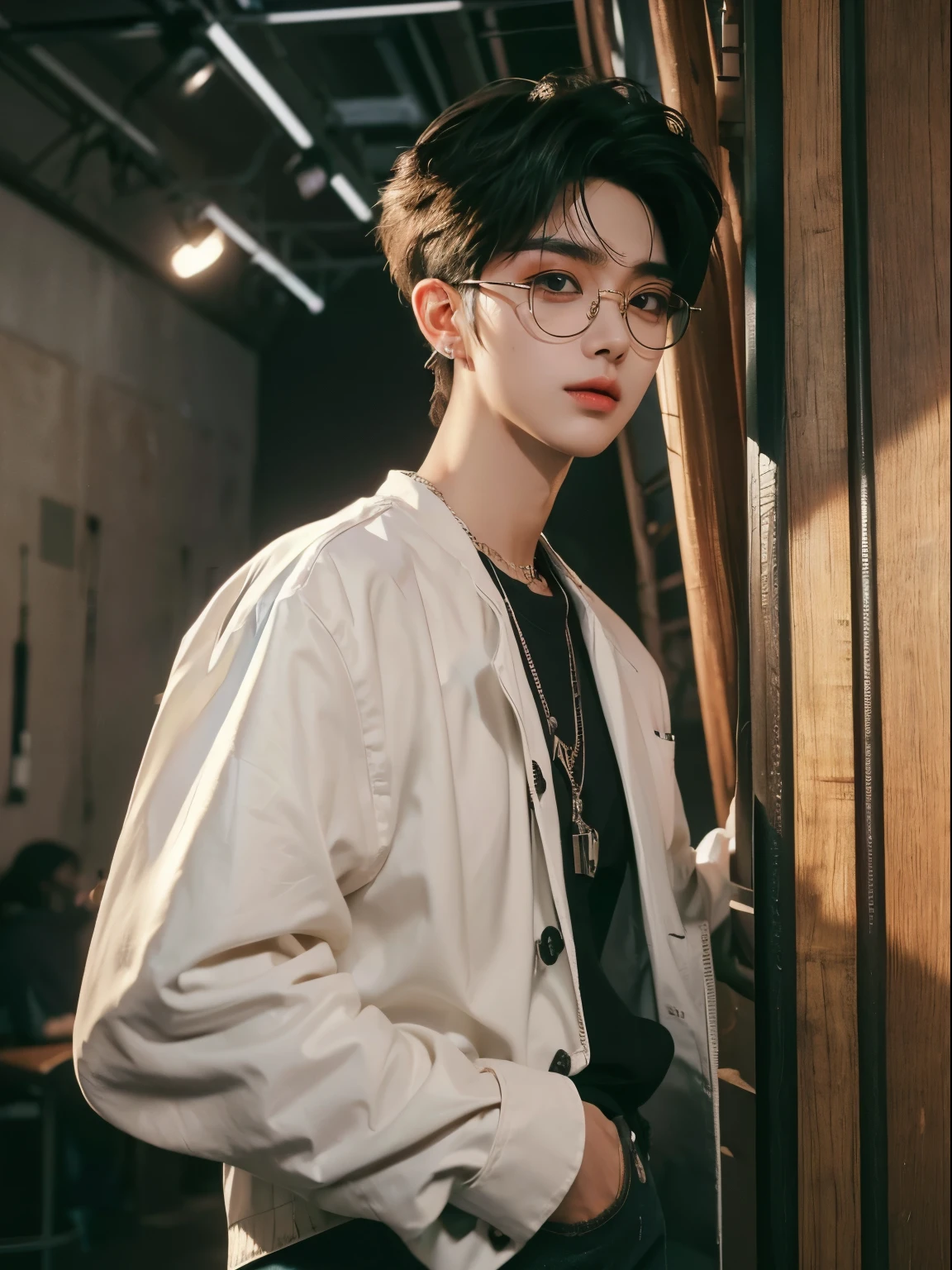 ((4K works))、Masterpiece、(top quality)、((High level of image quality))、((A manly boy wearing a pair of metal glasses))、slim、((Attractive and sexy jeans fashion))、((Men's fashion))、(Delicate and beautiful eyes)、in a soundproof room、record songs、and《Ruselafen》The winning lottery winner’s face looks similar、((short hair above ears))、((face smaller))、((neutral face))、((brown eyes))、((korean boy))、((18 years old))、((handsome man))、((Sing))、((Korean makeup))、((eyes long and sharp))、((like a celebrity))、daily photography、((shot alone))、((Shot diagonally from the side))、((upper body photography))、((He's standing in front of a microphone stand))